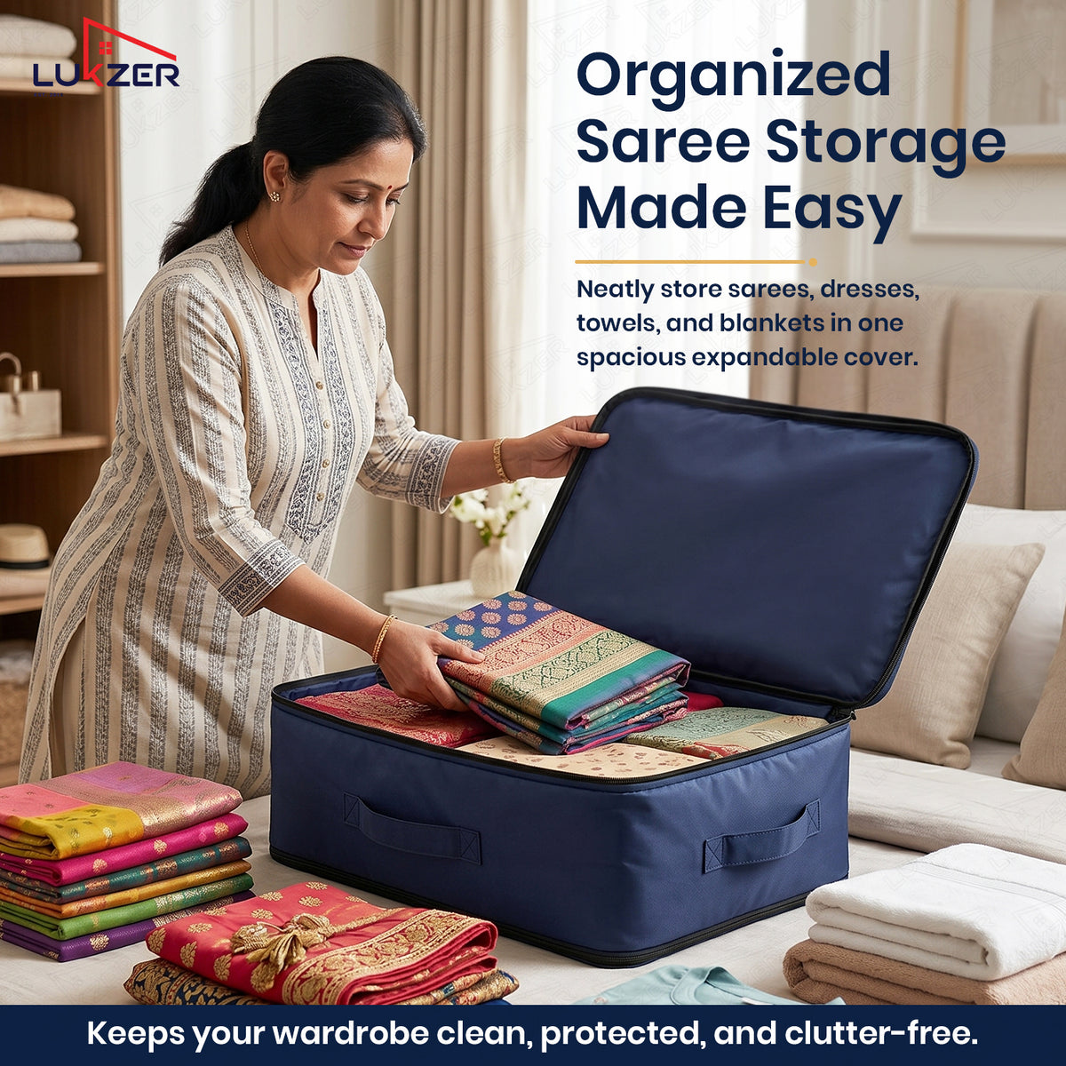 Lukzer Nylon Expandable Self Compression Storage Bag for Clothes & Bedding - 6PC's/Blue