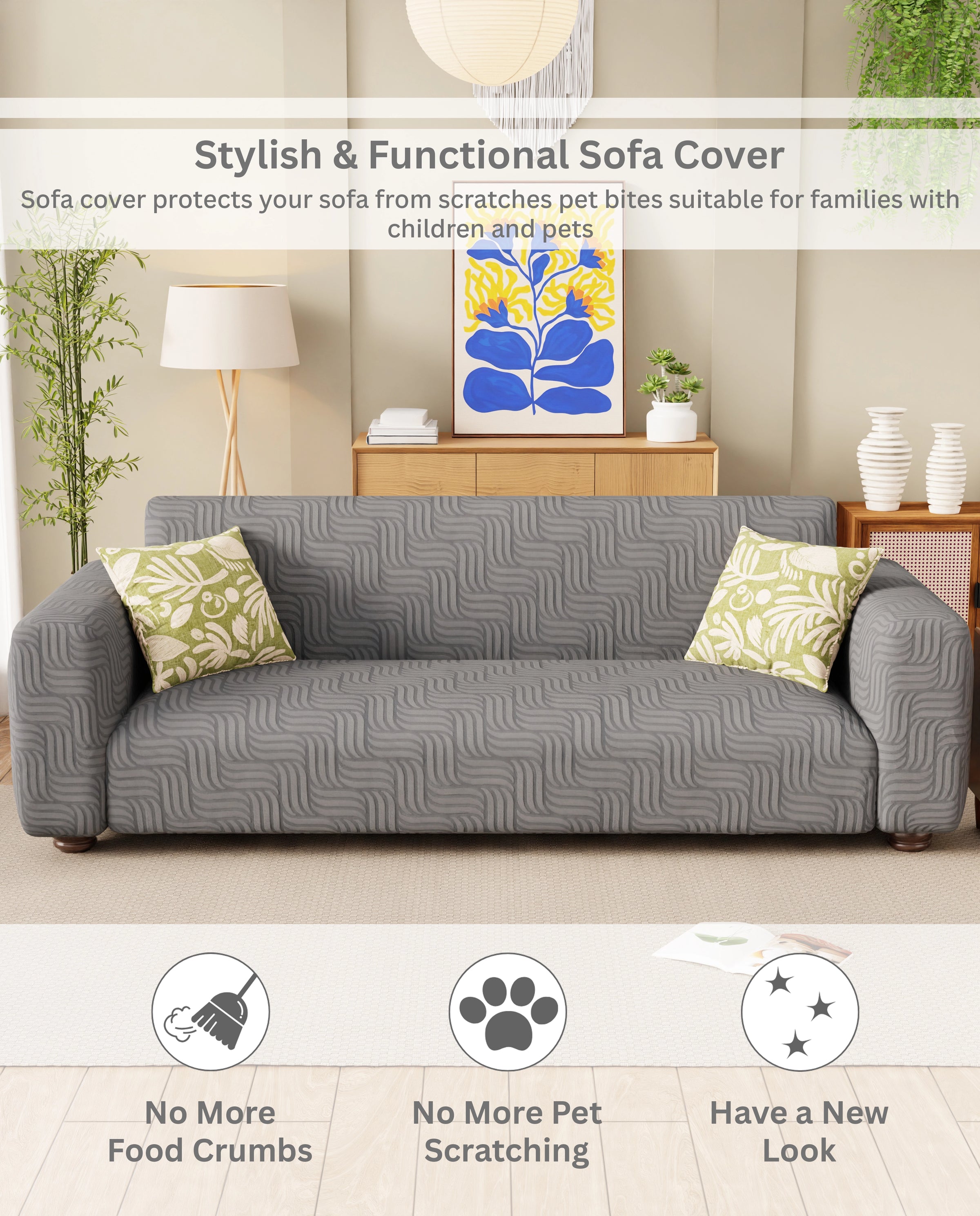 Lukzer Pastel Shades Textured Sofa Cover - Dark Grey Ripple Lines (SC-164-01)