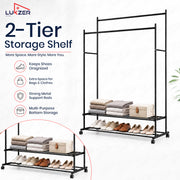 Lukzer Double Rod Metal Garment Rack with Wheels & 2 Bottom Shelves (Black)