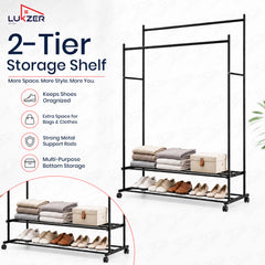 Lukzer Double Rod Metal Garment Rack with Wheels & 2 Bottom Shelves (Black)