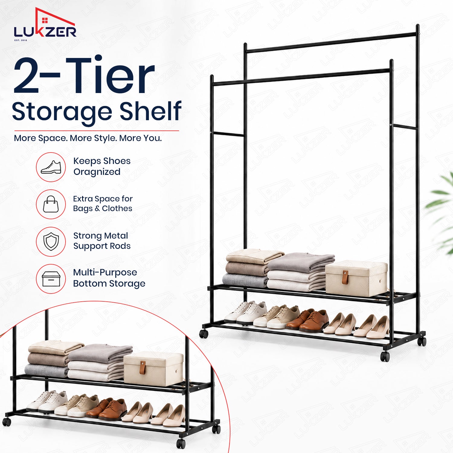 Lukzer Double Rod Metal Garment Rack with Wheels & 2 Bottom Shelves (Black)