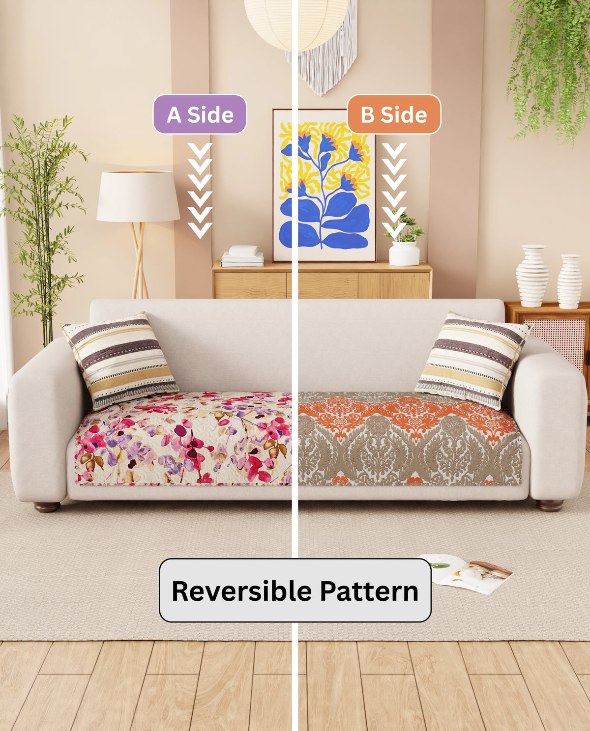 Lukzer Quilted Reversible Royal Petals Sofa Mat with WaveEdge Ultrasonic Cut (ONLY SEAT COVER) - SC-219-01WE