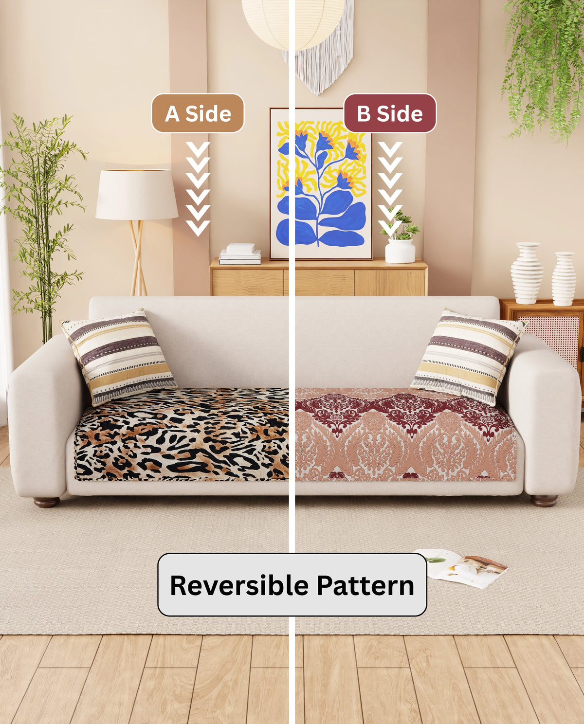 Lukzer Quilted Reversible Leopard Print Sofa Mat with WaveEdge Ultrasonic Cut (ONLY SEAT COVER) - SC-220-01WE