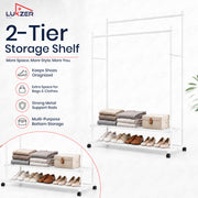 Lukzer Double Rod Metal Garment Rack with Wheels & 2 Bottom Shelves (White)