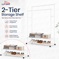 Lukzer Double Rod Metal Garment Rack with Wheels & 2 Bottom Shelves (White)