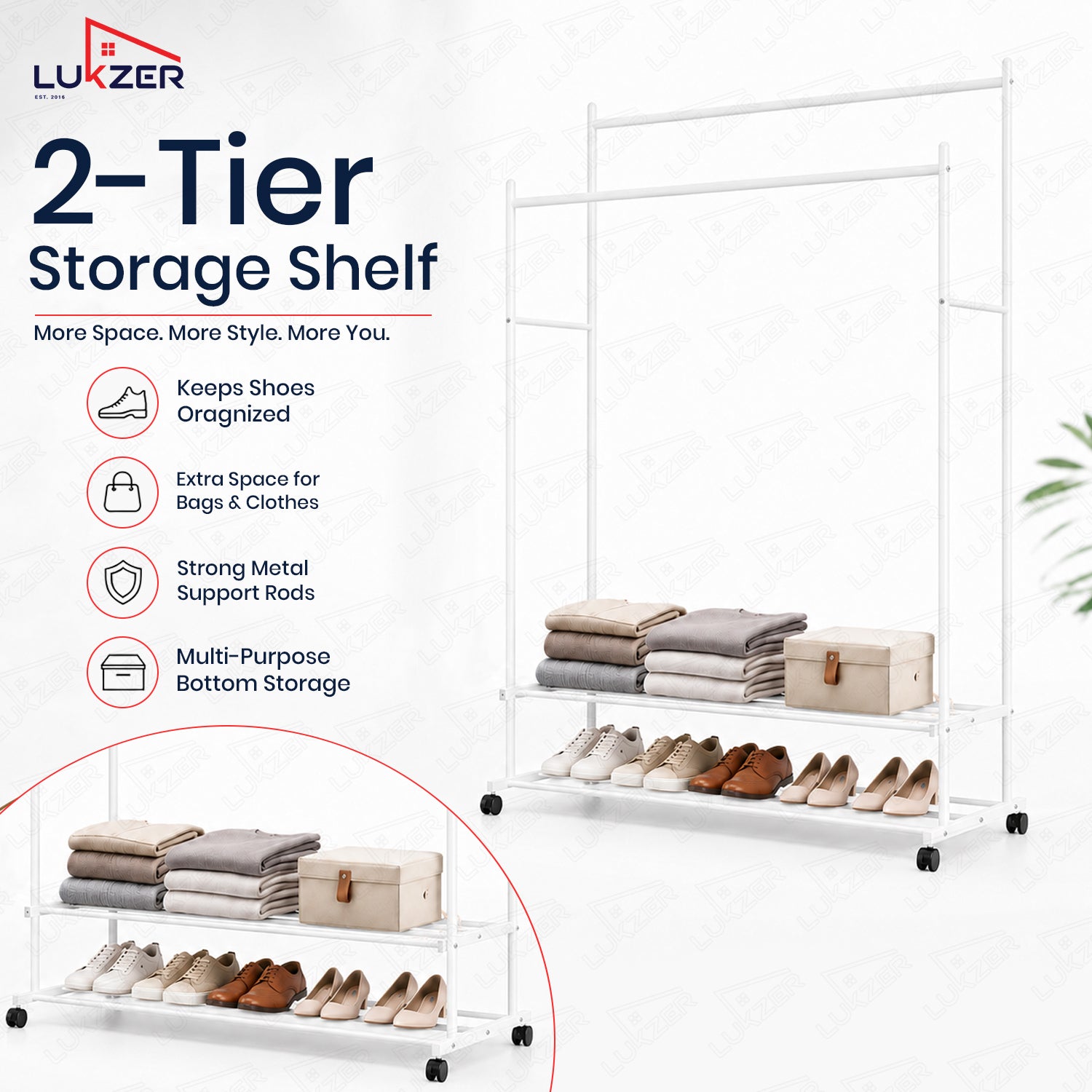 Lukzer Double Rod Metal Garment Rack with Wheels & 2 Bottom Shelves (White)