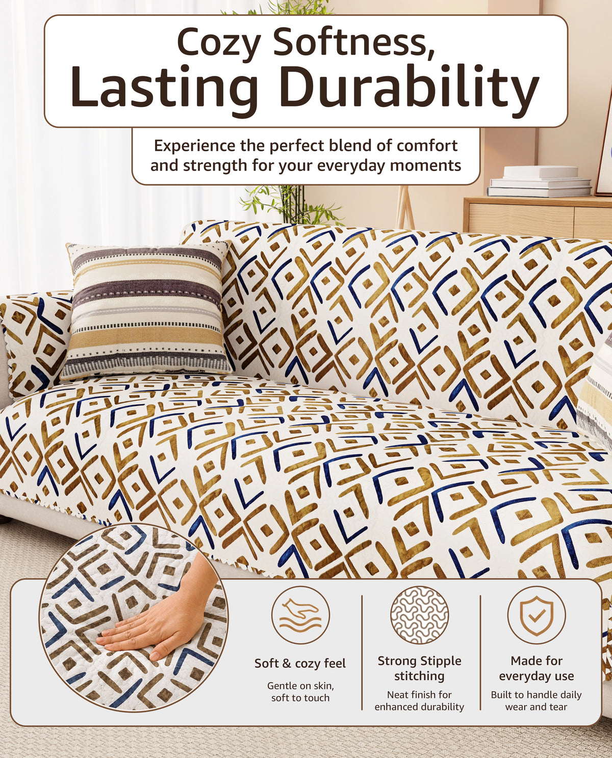 Lukzer Quilted Reversible Terra Bloom Sofa Mat with WaveEdge Ultrasonic Cut (WITH BACK & HAND REST) - SC-205-01WB