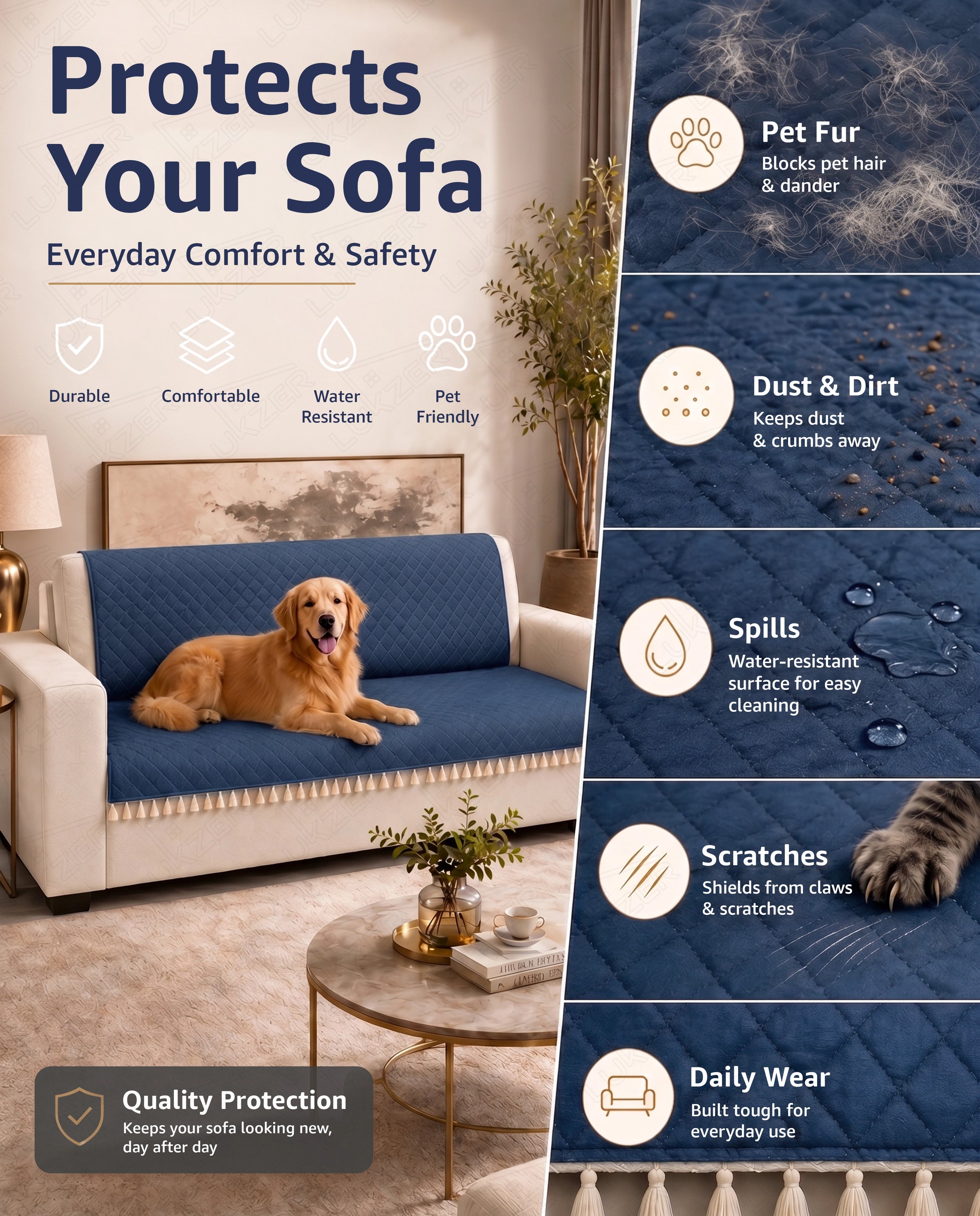 Lukzer 3 Seater Quilted Sofa Cover Mat with Tassels - Midnight Blue - SC-191-03T