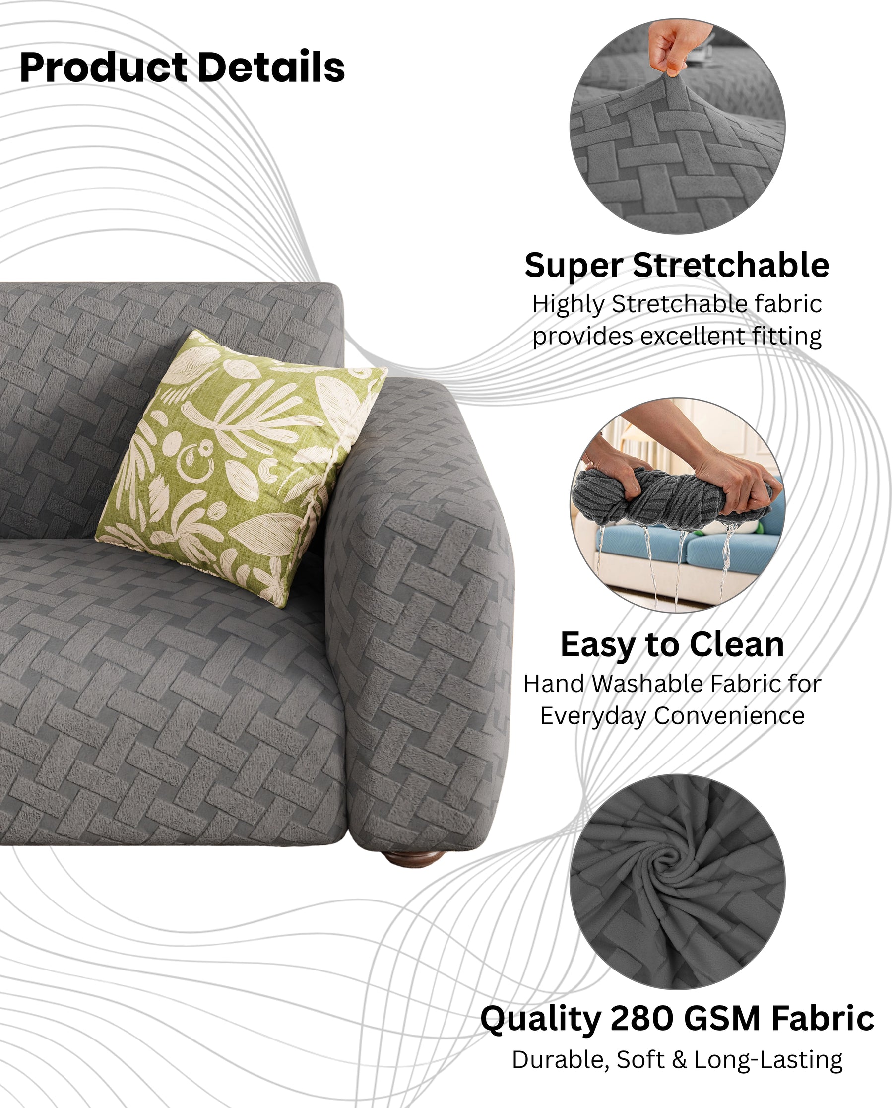 Lukzer Pastel Shades Textured Sofa Cover -  Dark Grey Basket Weave (SC-111-01)