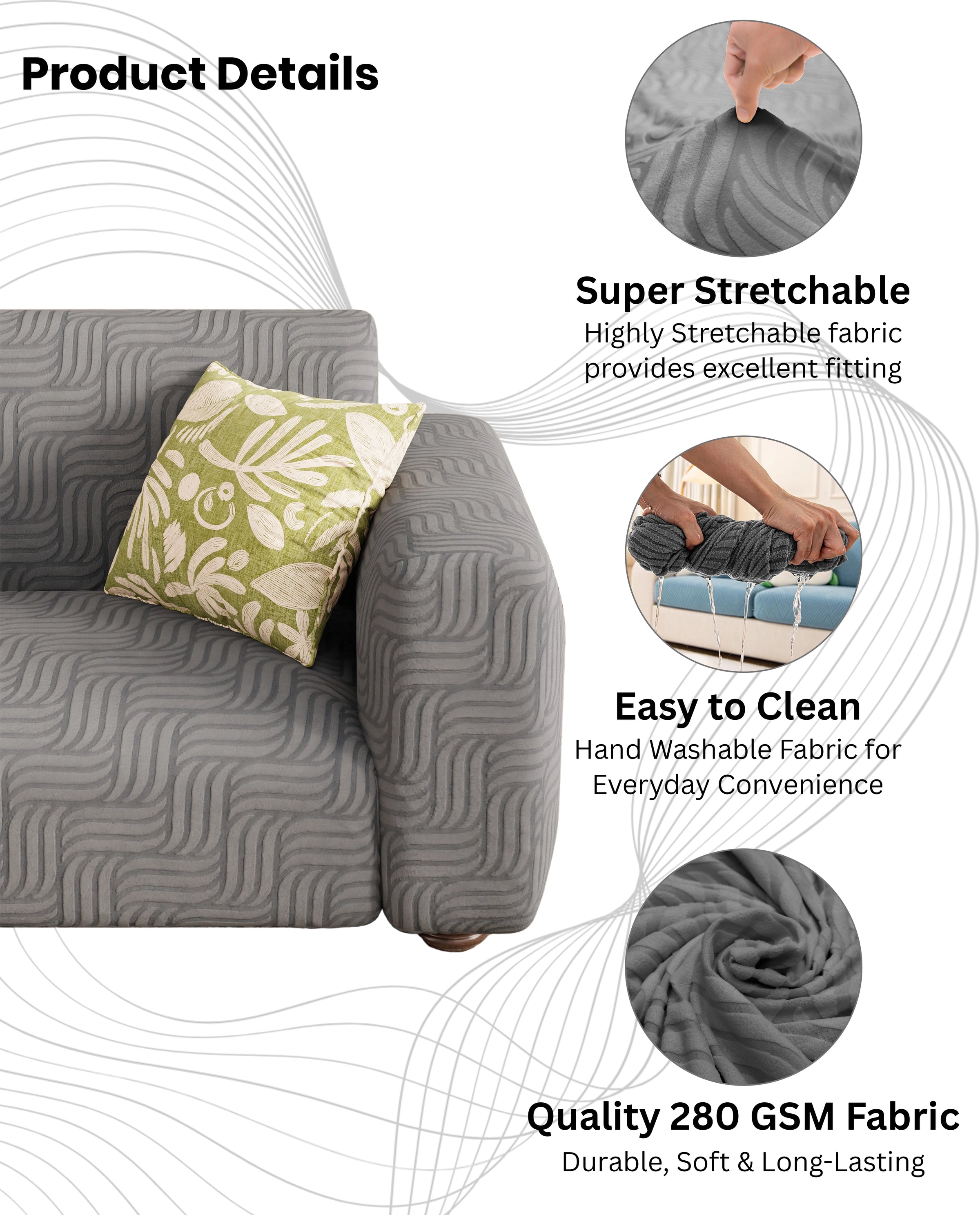 Lukzer Pastel Shades Textured Sofa Cover - Dark Grey Ripple Lines (SC-164-01)