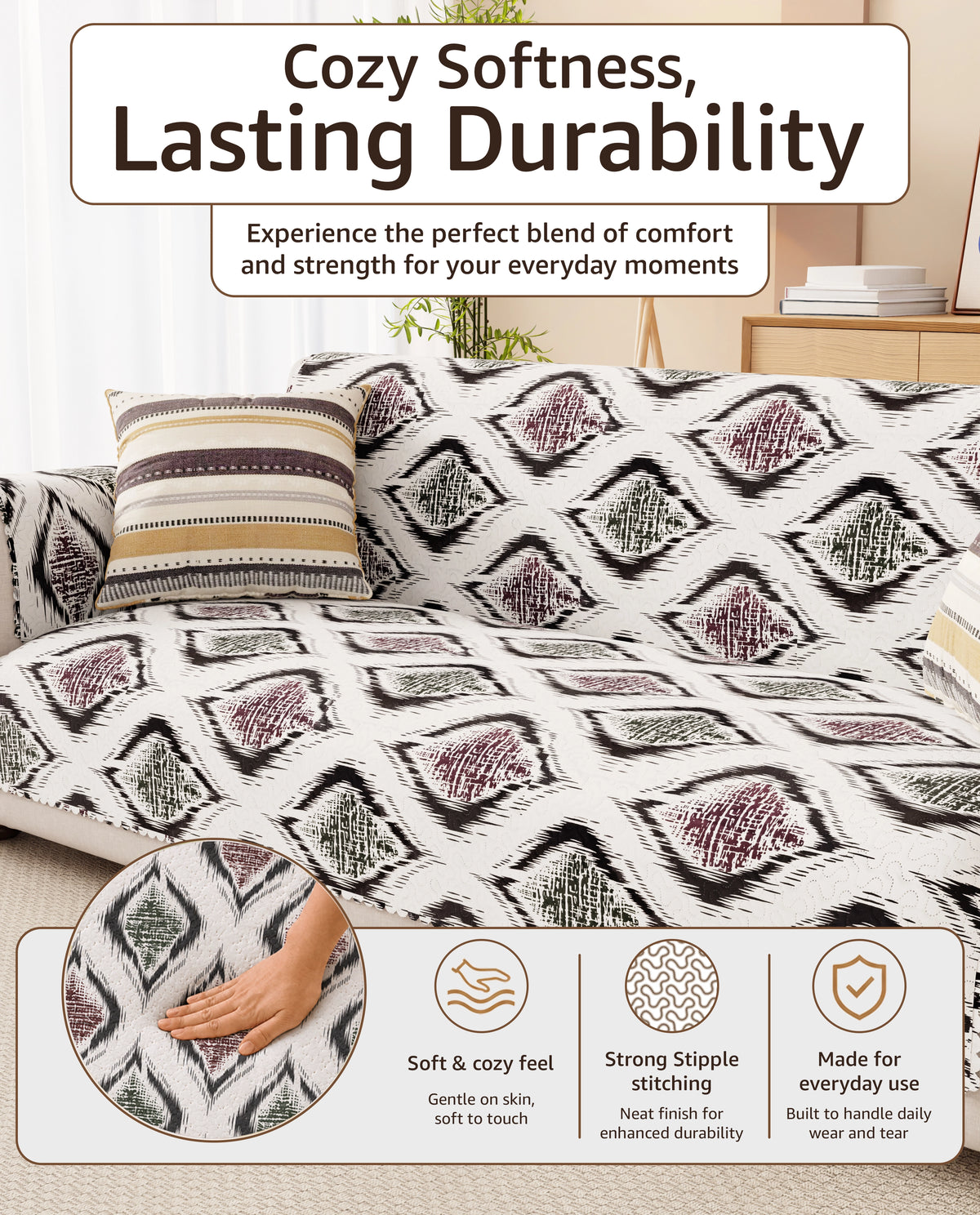 Lukzer Quilted Reversible Ikat Rose Sofa Mat with WaveEdge Ultrasonic Cut (WITH BACK & HAND REST) - SC-203-01WB