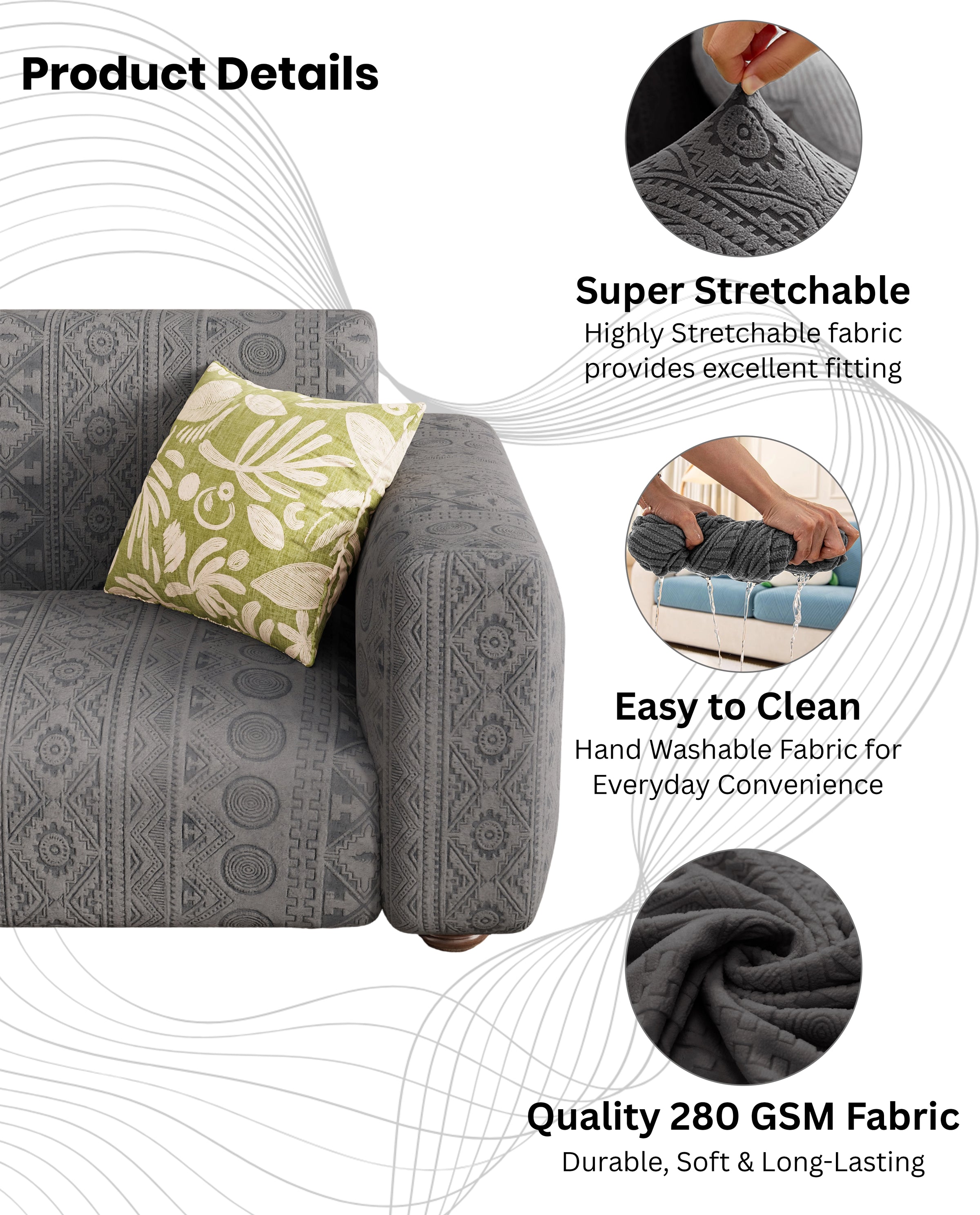 Lukzer Pastel Shades Textured Sofa Cover - Dark Grey Tribal Design (SC-137-01)