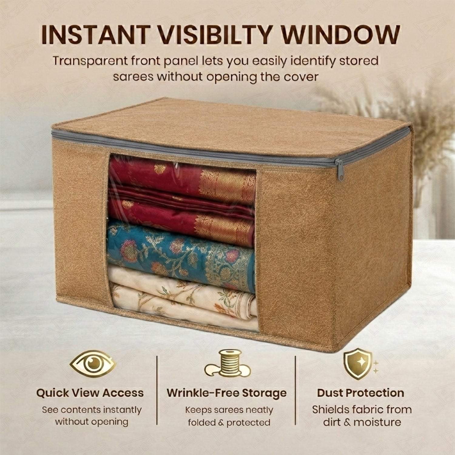 Lukzer 3 Pcs Leather Printed Large Size with Zip Closure & Mesh Window Saree Covers (Non-Woven)