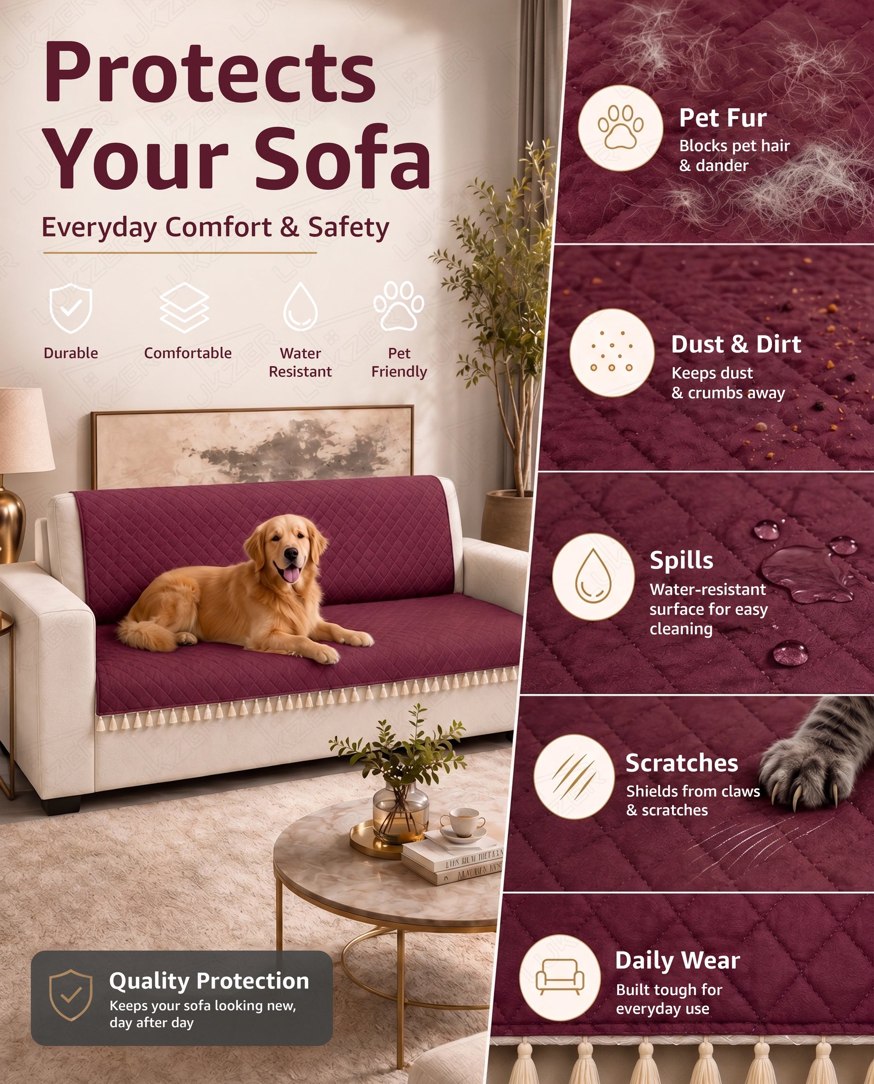 Lukzer 2 Seater Quilted Sofa Cover Mat with Tassels - Cranberry Red - SC-194-02T