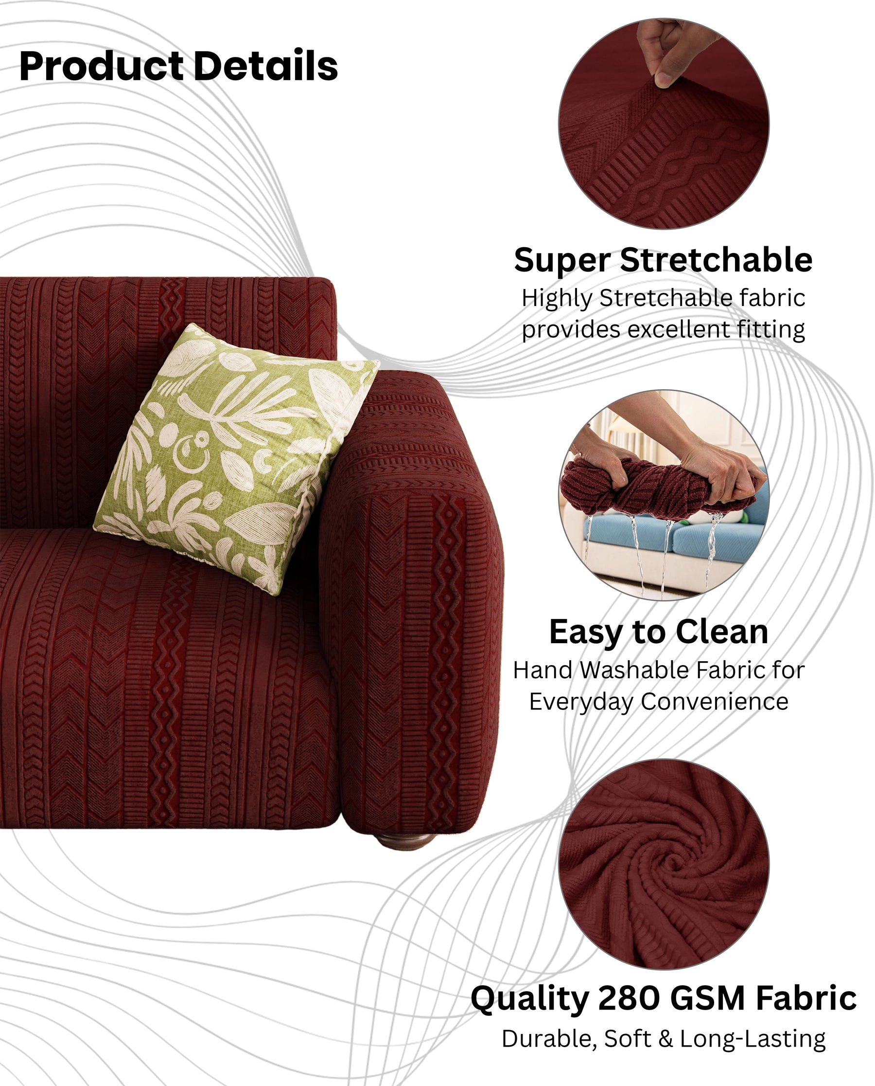 Lukzer Pastel Shades Textured Sofa Cover - Deep Maroon Zigzag (SC-138-01)