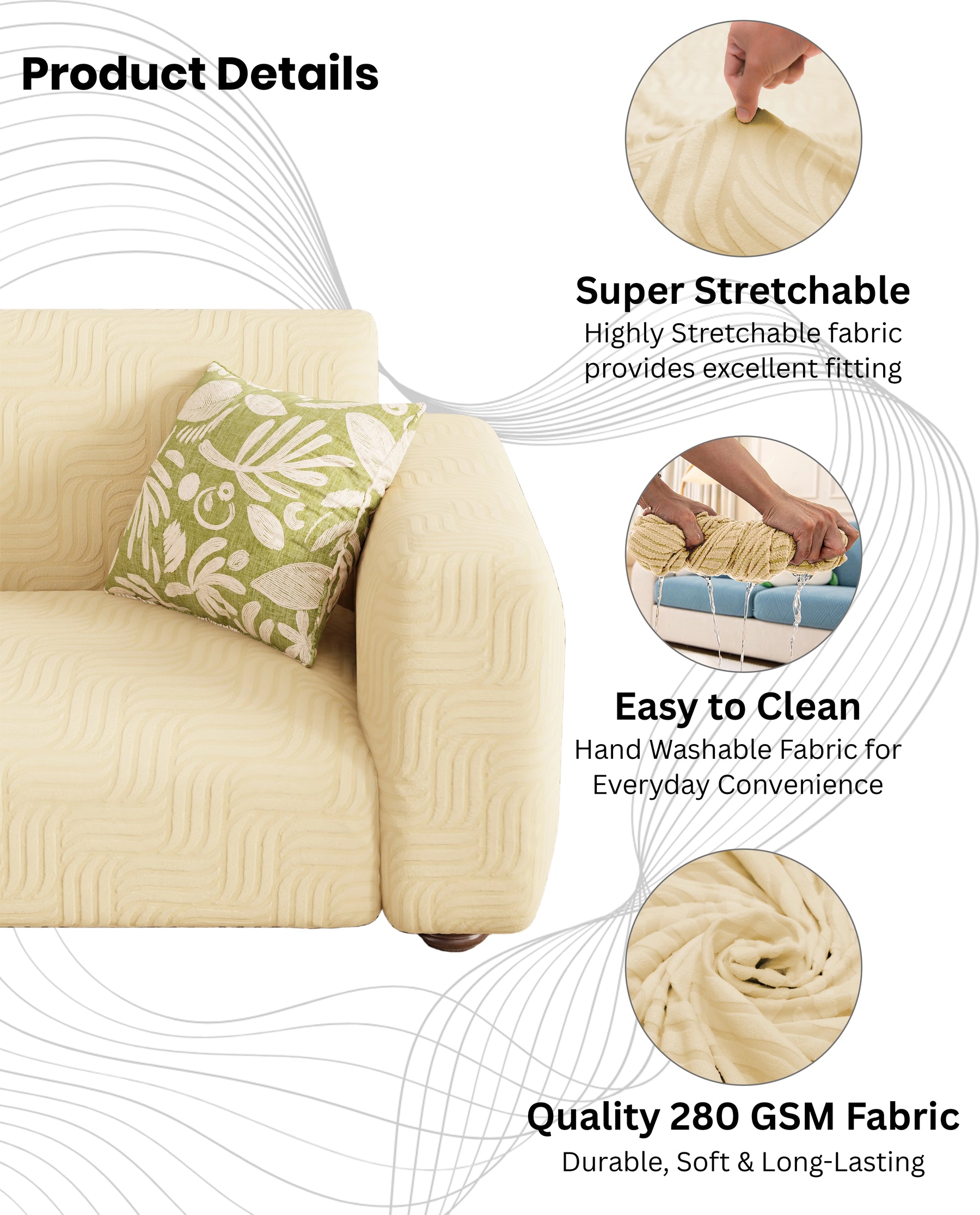 Lukzer Pastel Shades Textured Sofa Cover - Yellow Ripple Lines (SC-163-01)