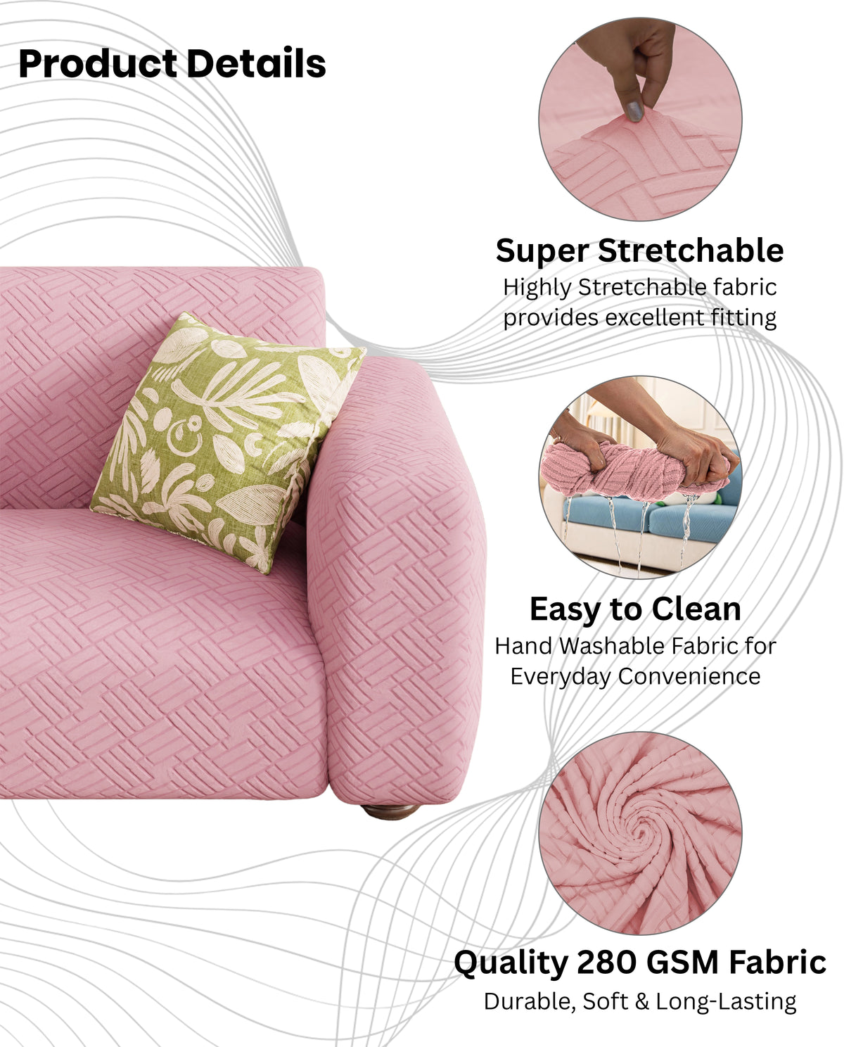 Lukzer Pastel Shades Textured Sofa Cover - Pink Abstract (SC-168-01)