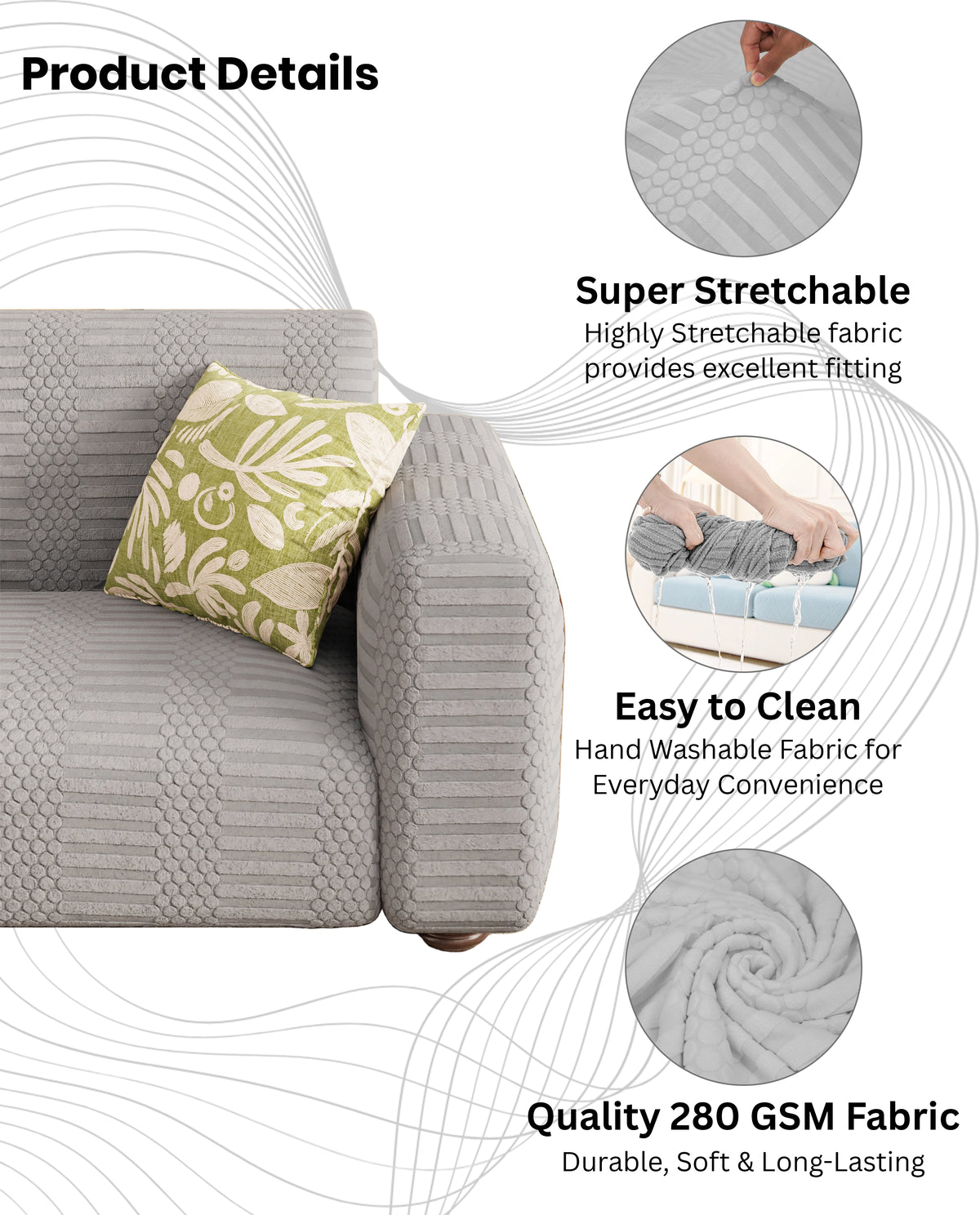 Lukzer Pastel Shades Textured Sofa Cover - Light Grey Dotted Stripe (SC-067-01)