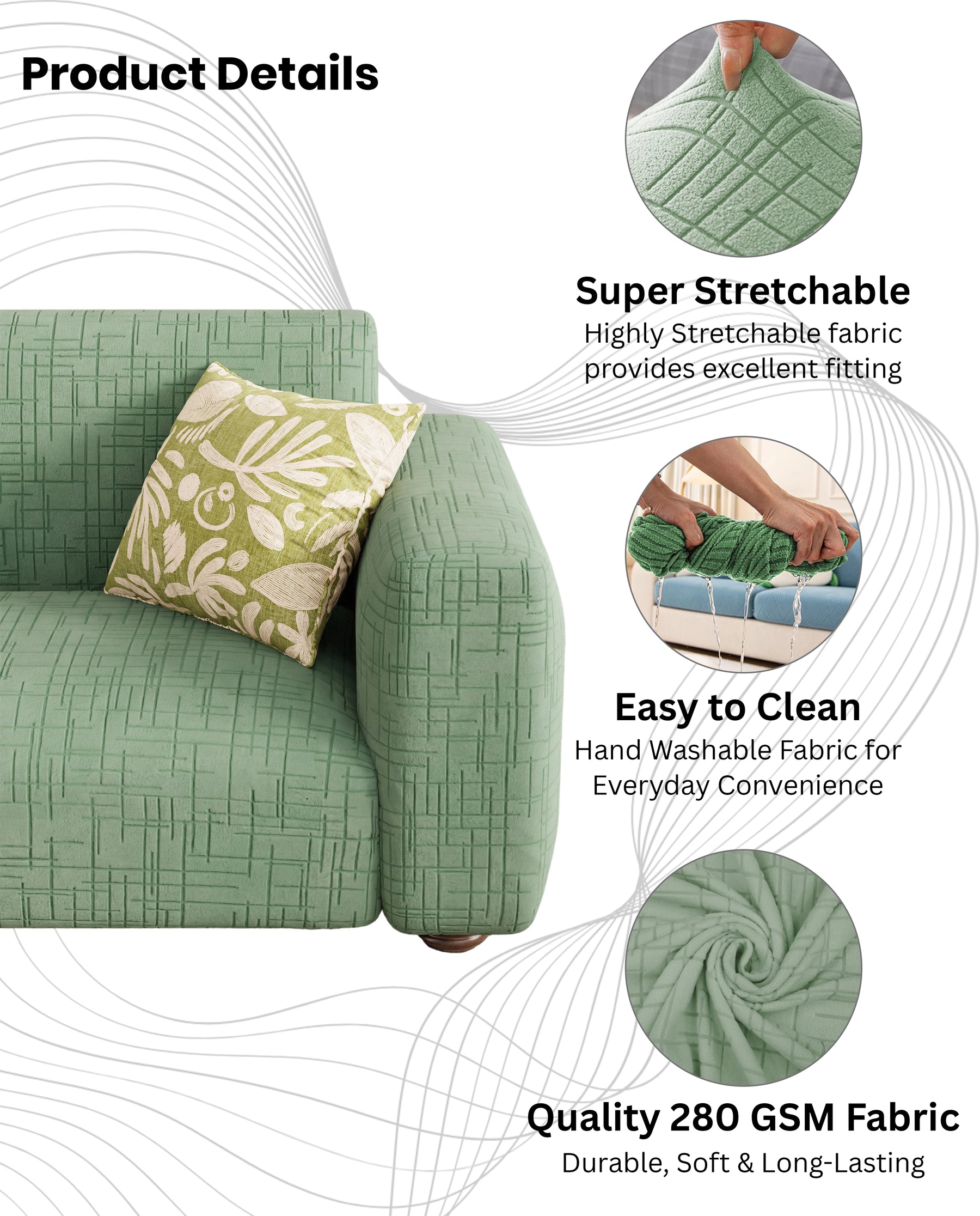 Lukzer Pastel Shades Textured Sofa Cover - Green Tangled Lines (SC-121-01)
