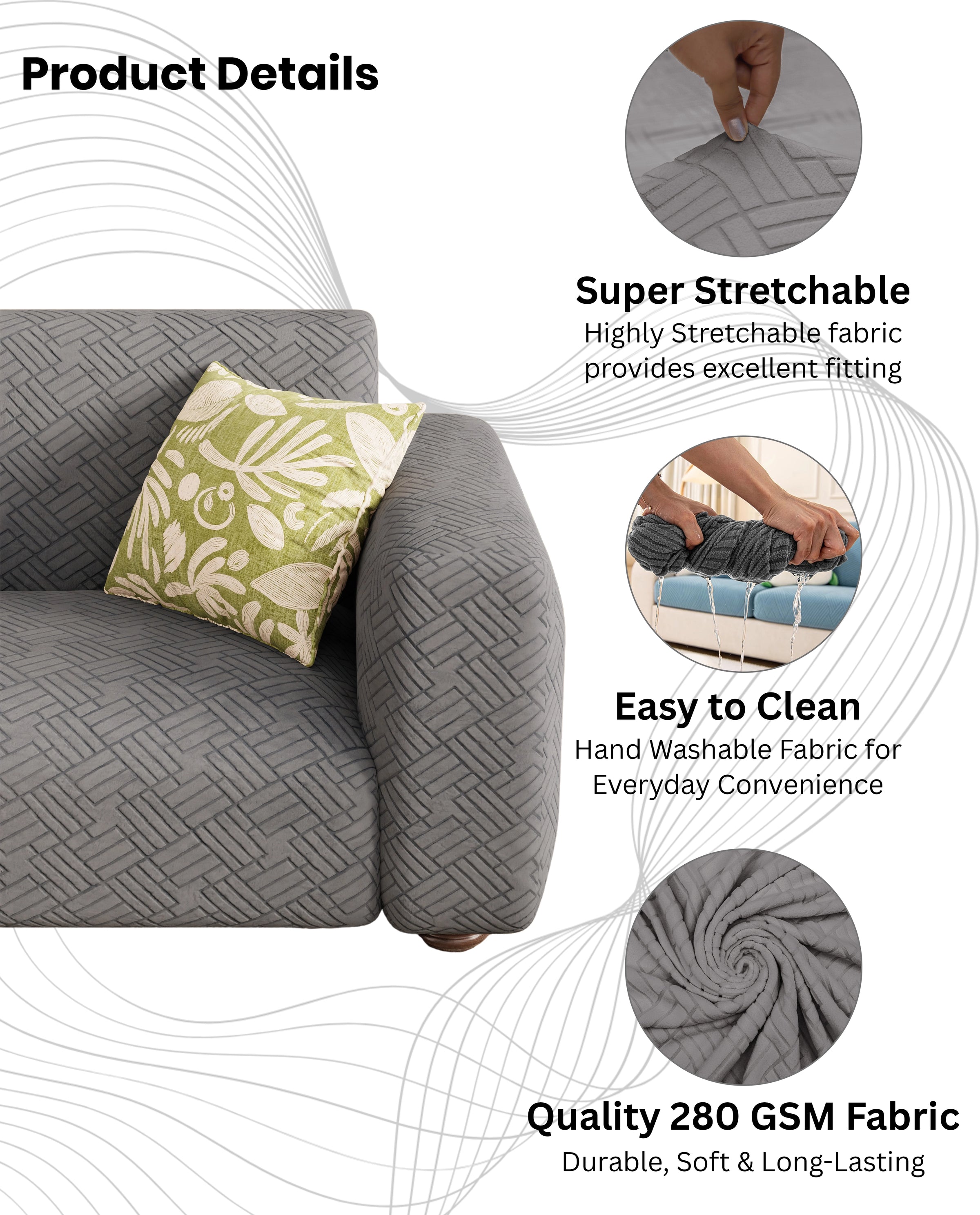 Lukzer Pastel Shades Textured Sofa Cover - Dark Grey Abstract (SC-171-01)