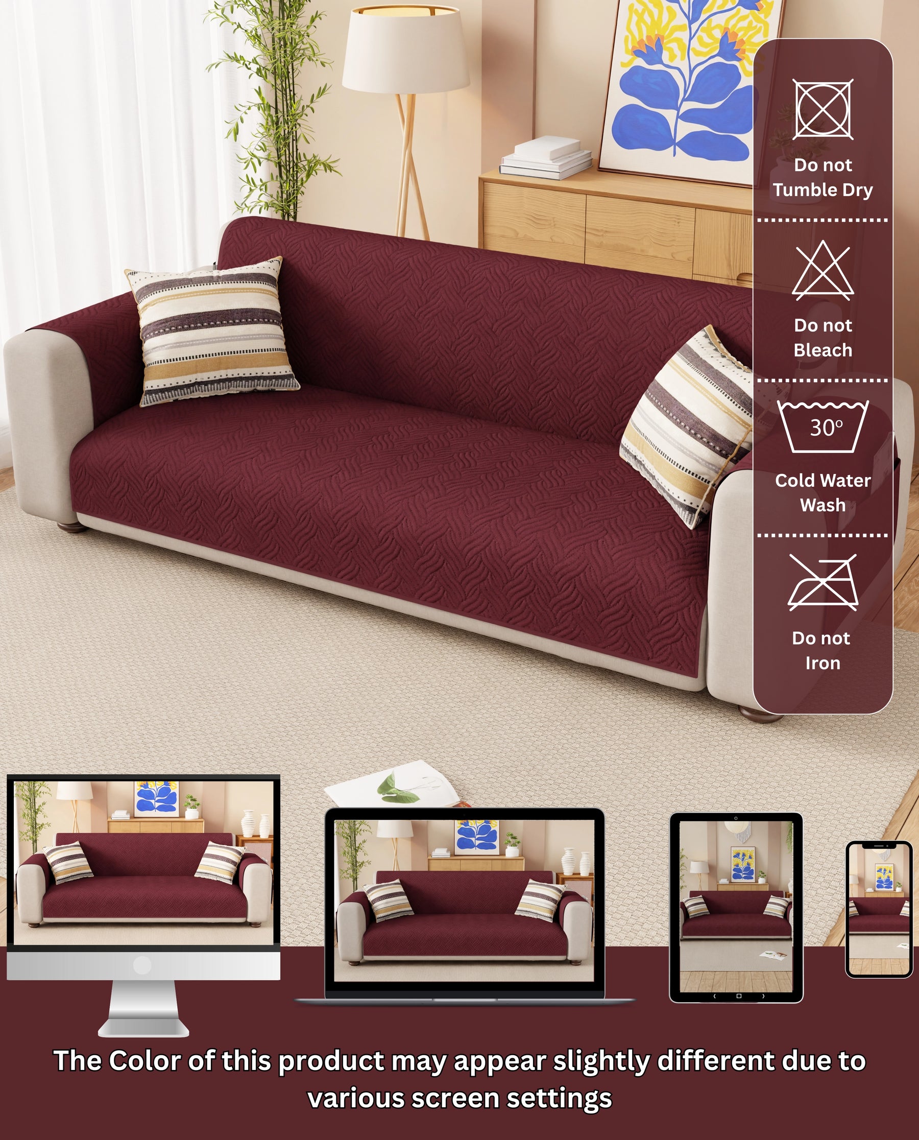 Lukzer Reversible Quilted Sofa Mat with Arms Aqua Weave Maroon (SC-218-01)
