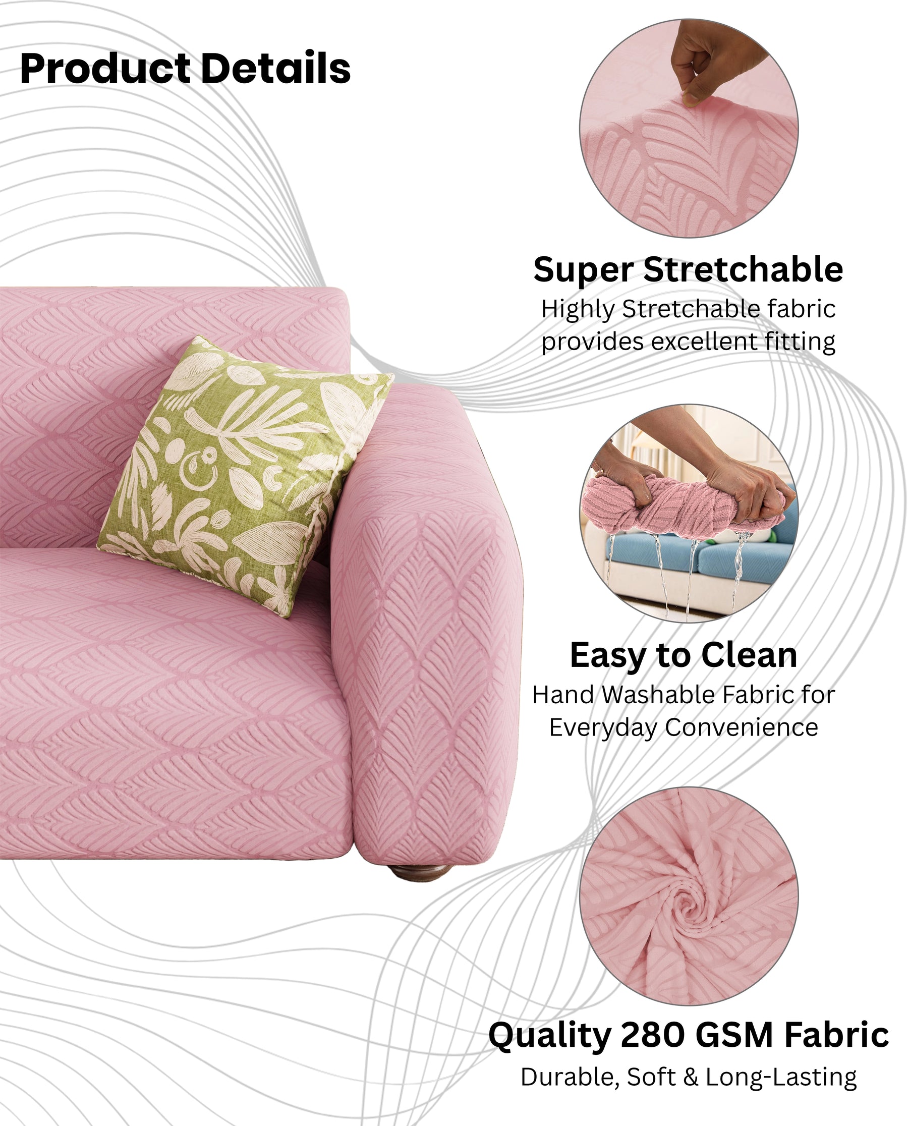 Lukzer Pastel Shades Textured Sofa Cover -  Pink Leaf Trail  (SC-129-01)