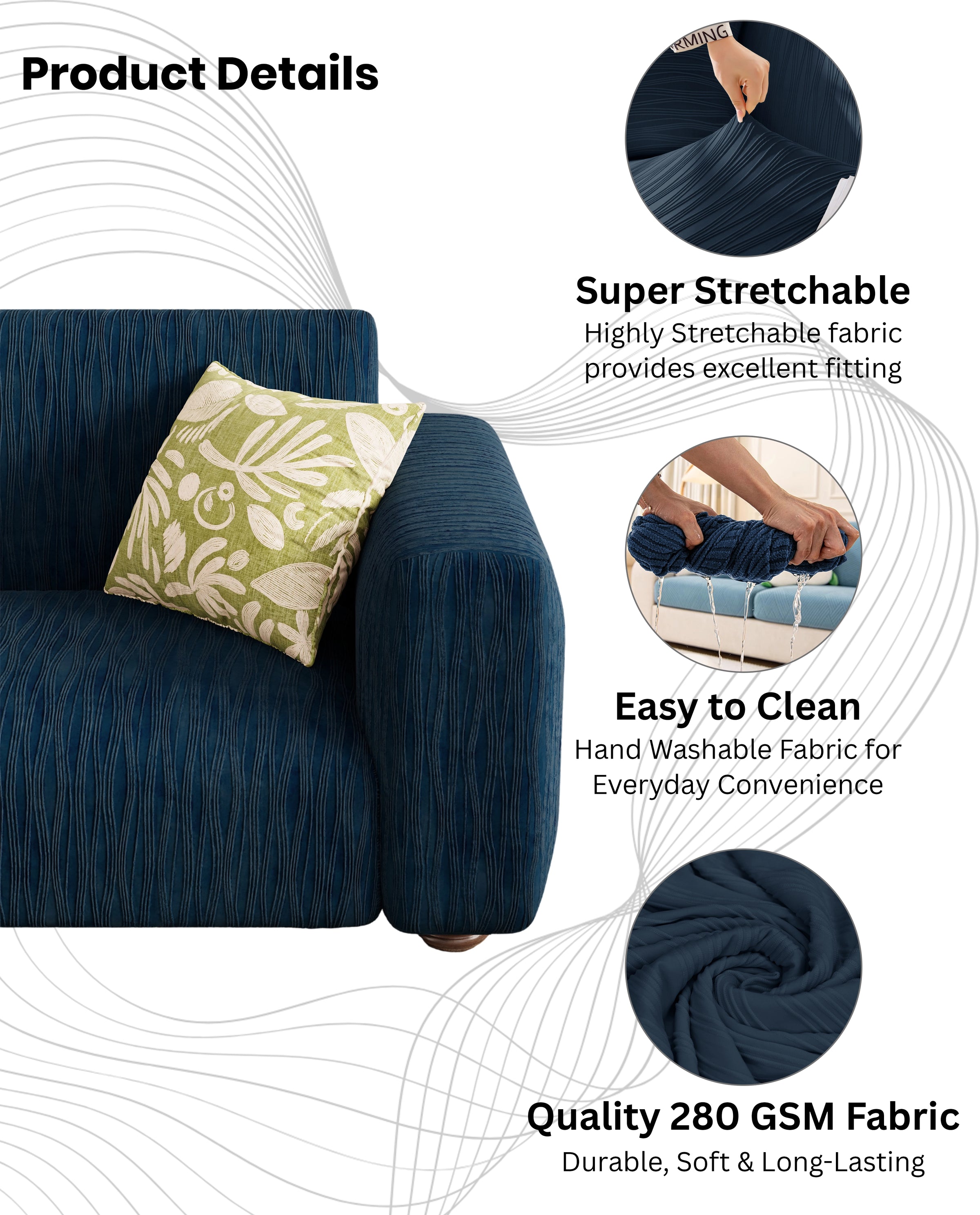 Lukzer Pastel Shades Textured Sofa Cover - Marine Blue Wavy Stripes (SC-149-01)