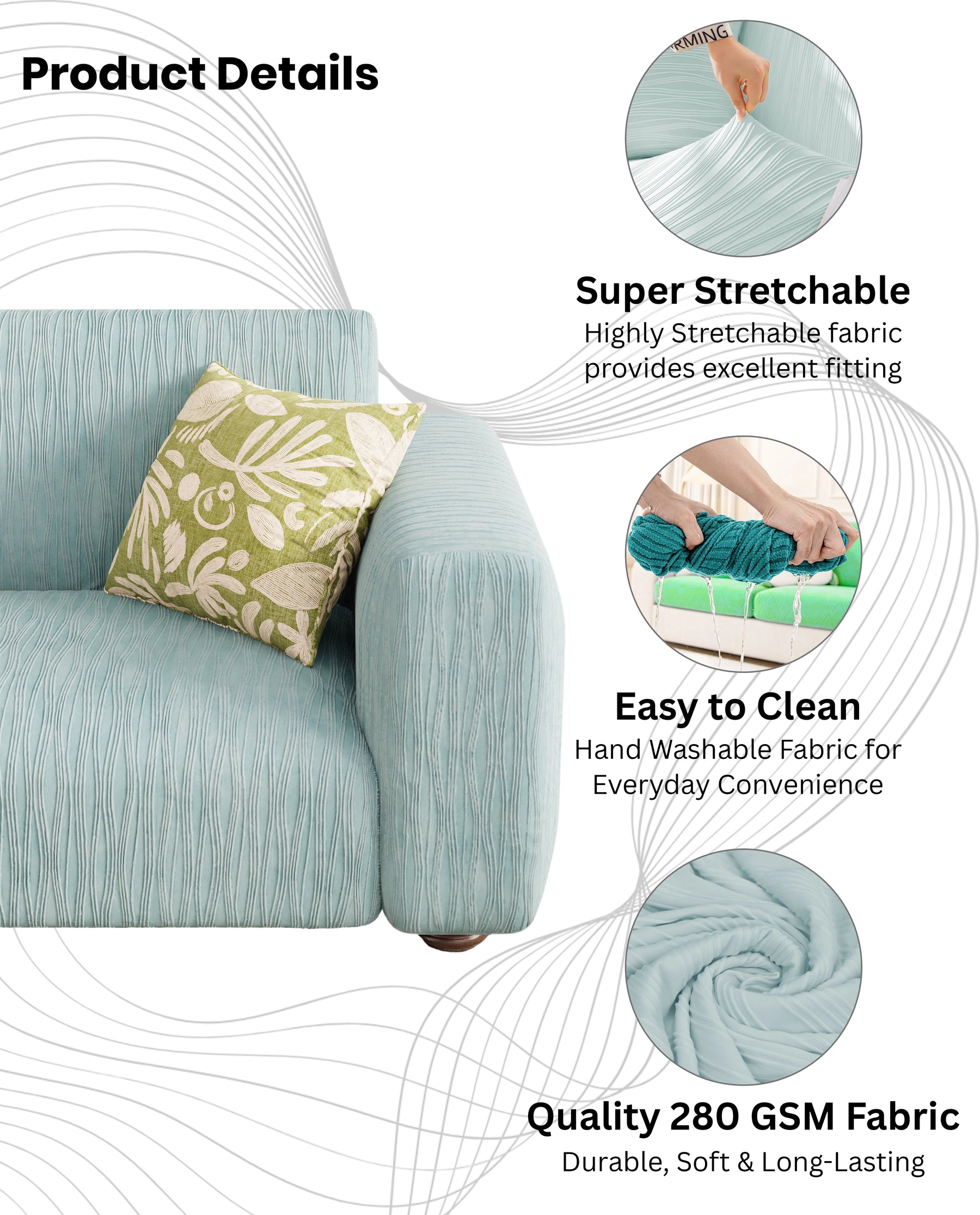Lukzer Pastel Shades Textured Sofa Cover - Blue Wavy Stripes (SC-082-01)