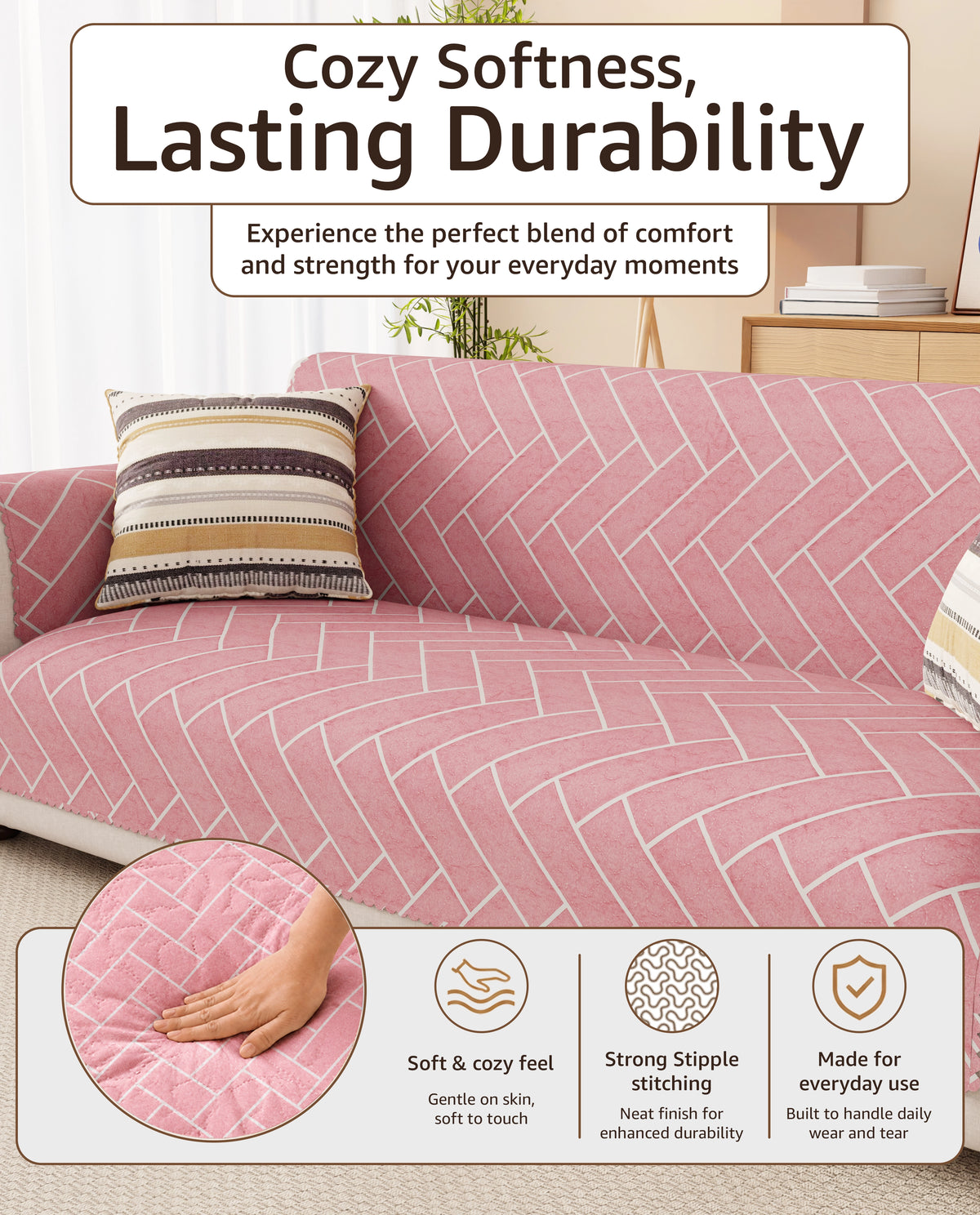 Lukzer Quilted Reversible Brick Bloom Sofa Mat with WaveEdge Ultrasonic Cut (WITH BACK & HAND REST) - SC-201-01WB