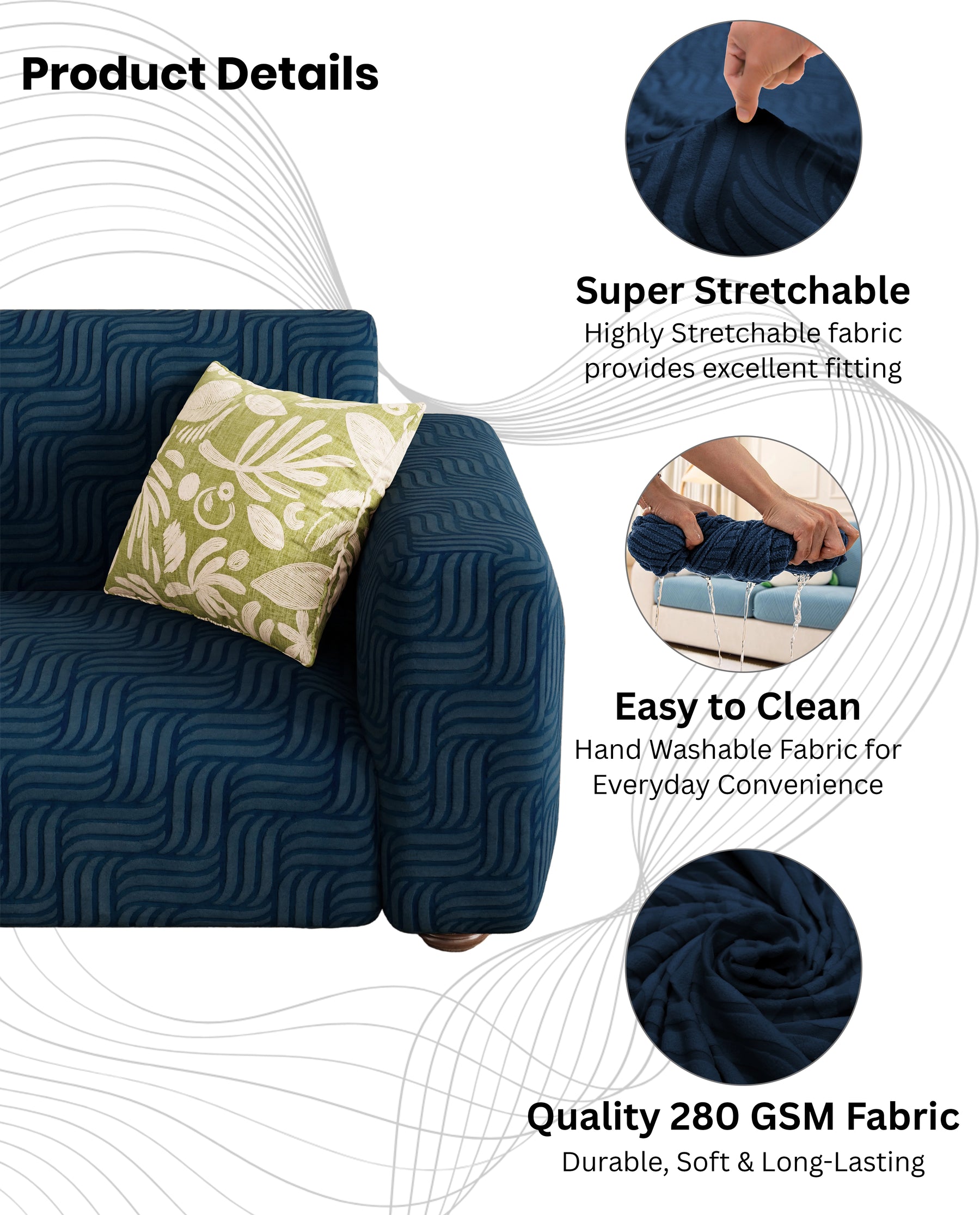 Lukzer Pastel Shades Textured Sofa Cover -  Marine Blue Ripple Lines (SC-166-01)