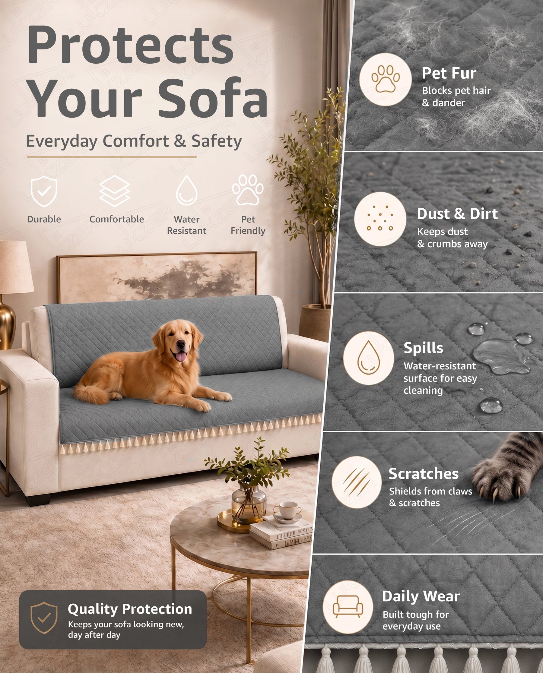 Lukzer 5 Seater Quilted Sofa Cover Mat with Tassels - 3+1+1 Seat - Stone Grey - SC-193-05T
