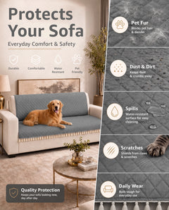 Lukzer 5 Seater Quilted Sofa Cover Mat with Tassels - 3+1+1 Seat - Stone Grey - SC-193-05T