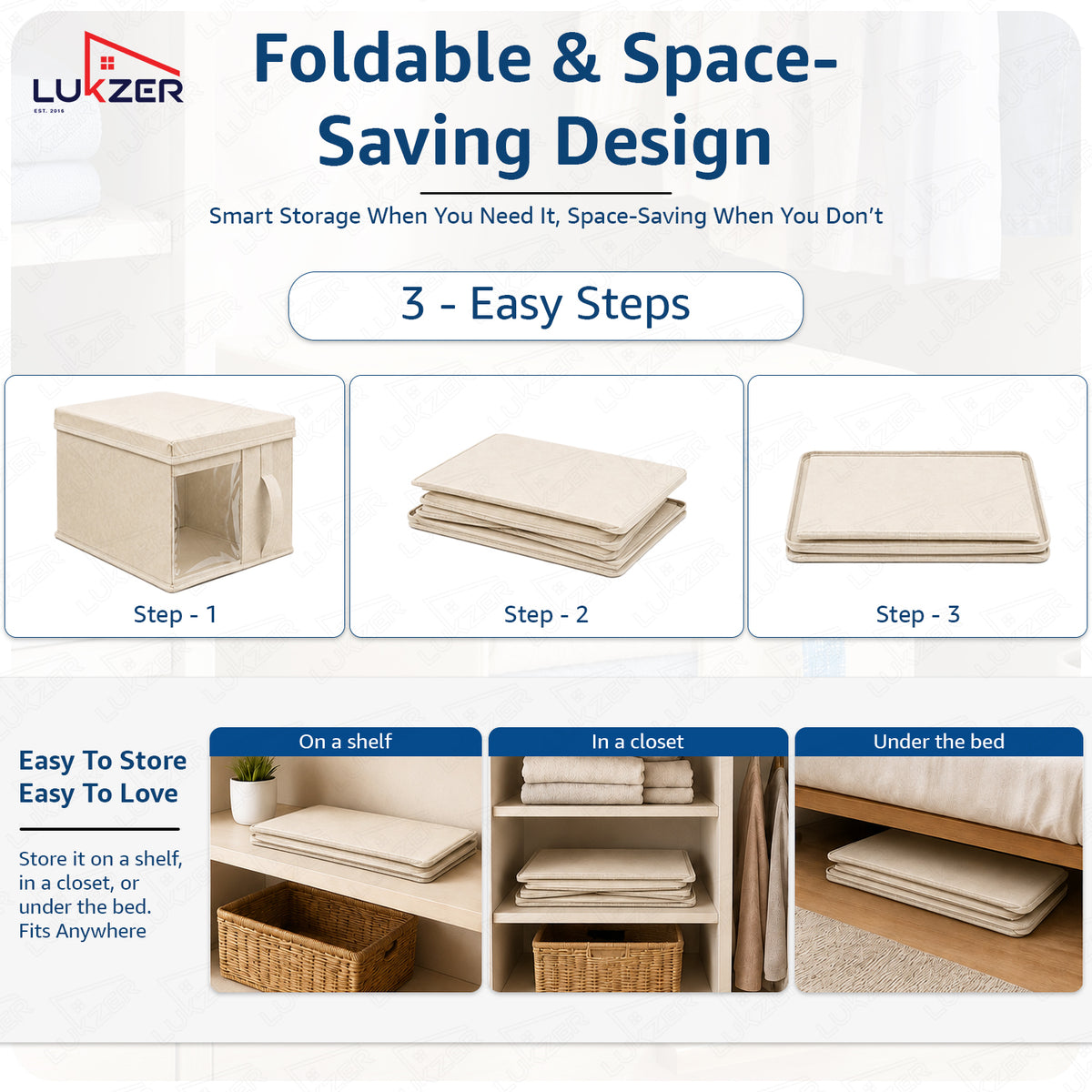 Lukzer 20 Liters Foldable Non-Woven Storage Box/Wardrobe Organizer with Lid - 4PC/Beige