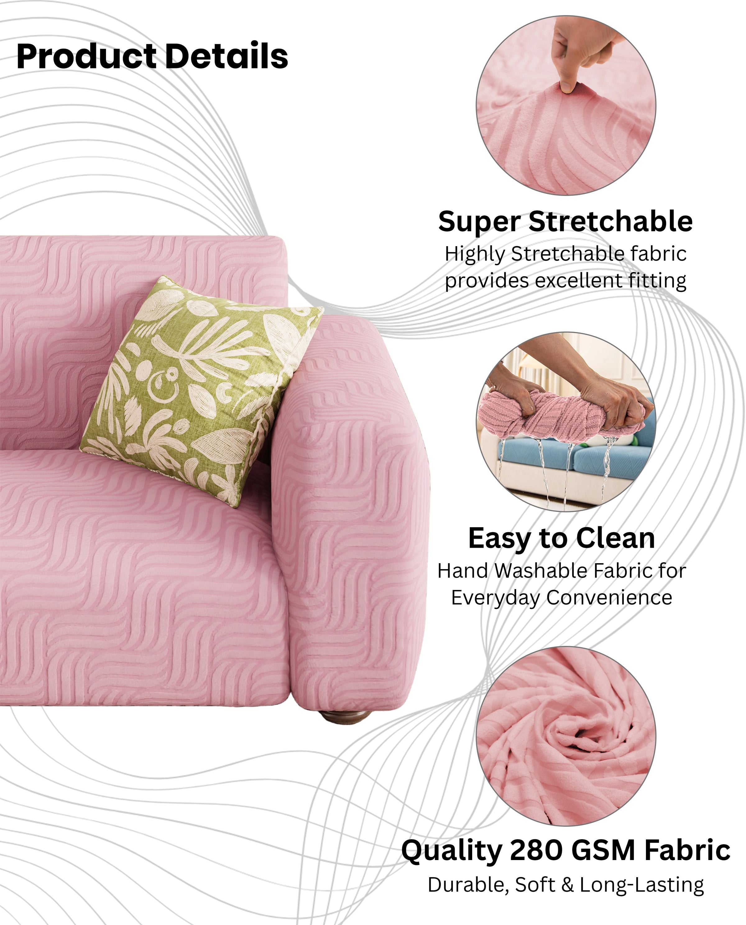 Lukzer Pastel Shades Textured Sofa Cover -  Pink Ripple Lines (SC-161-01)