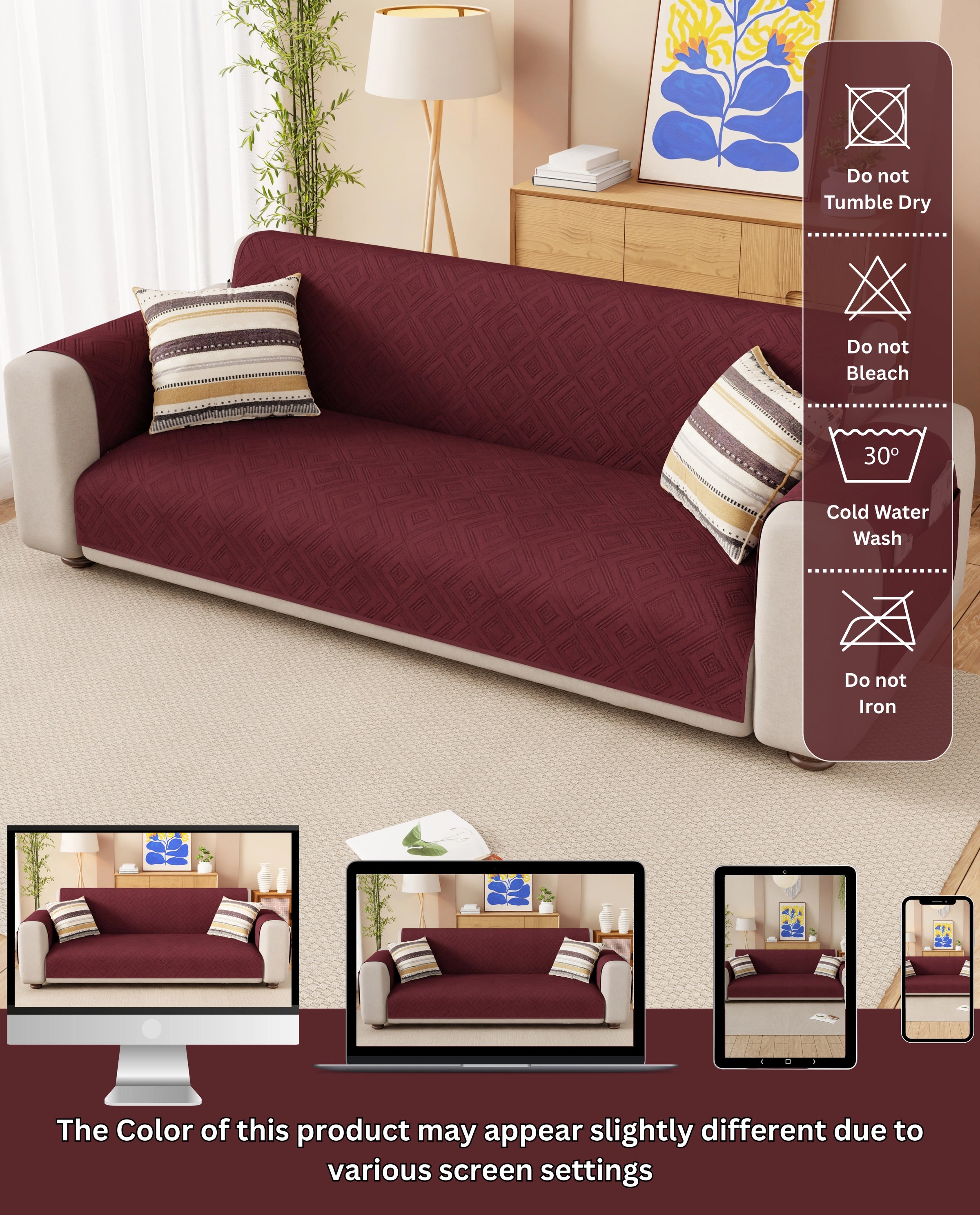 Lukzer Reversible Quilted Sofa Mat with Arms Dot Frame Maroon (SC-214-01)