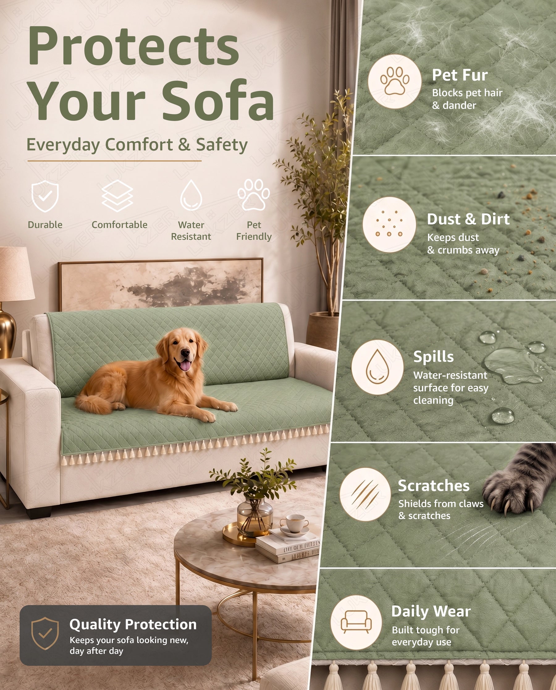 Lukzer 2 Seater Quilted Sofa Cover Mat with Tassels - Mint Green - SC-199-02T