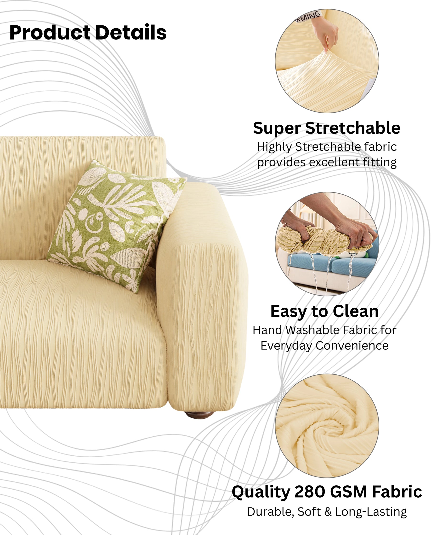 Lukzer Pastel Shades Textured Sofa Cover - Yellow Wavy Stripes (SC-083-01)