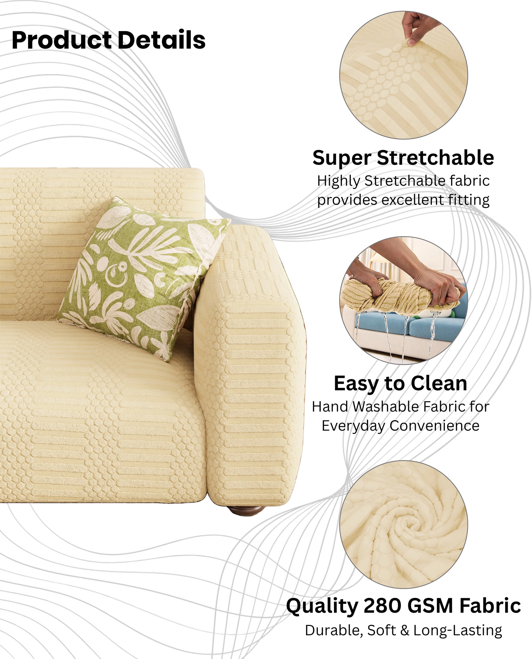 Lukzer Pastel Shades Textured Sofa Cover - Yellow Dotted Stripe (SC-070-01)