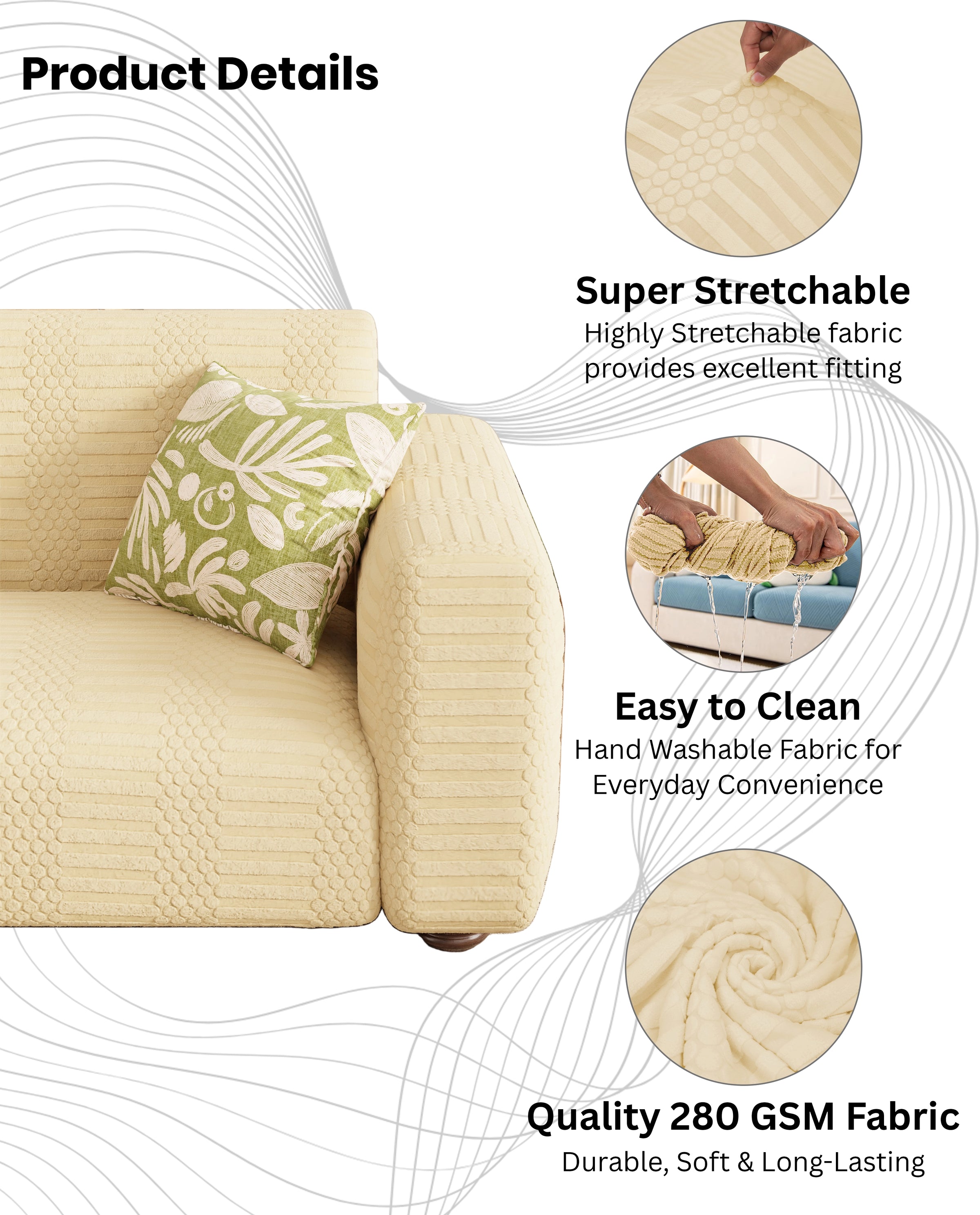 Lukzer Pastel Shades Textured Sofa Cover - Yellow Dotted Stripe (SC-070-01)
