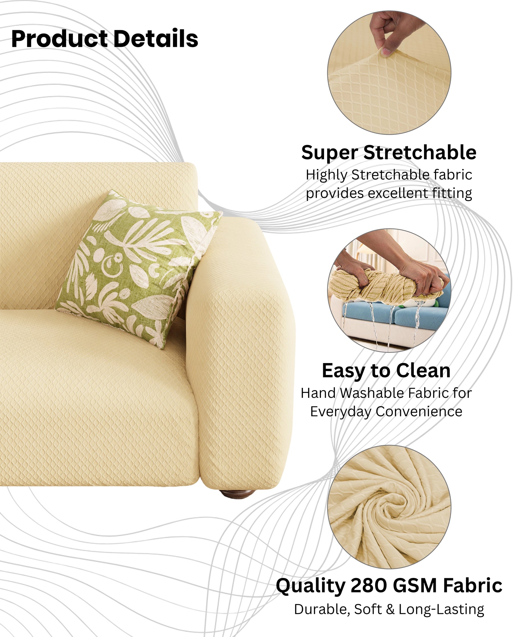 Lukzer Pastel Shades Textured Sofa Cover - Yellow Curved Diamond (SC-087-01)