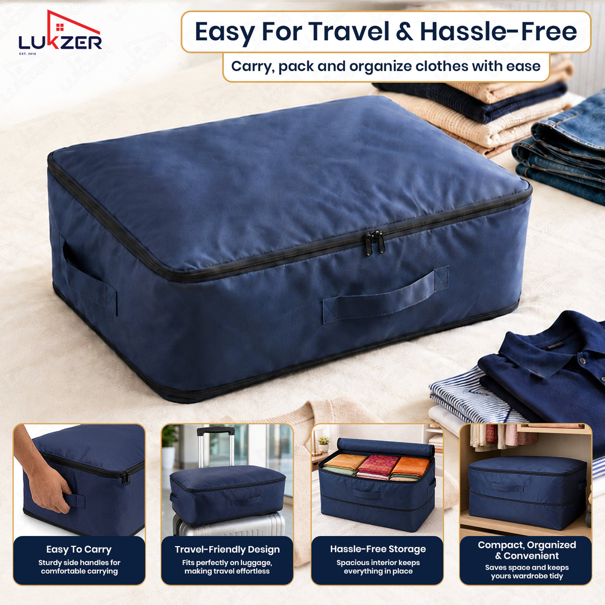 Lukzer Nylon Expandable Self Compression Storage Bag for Clothes & Bedding - 6PC's/Blue