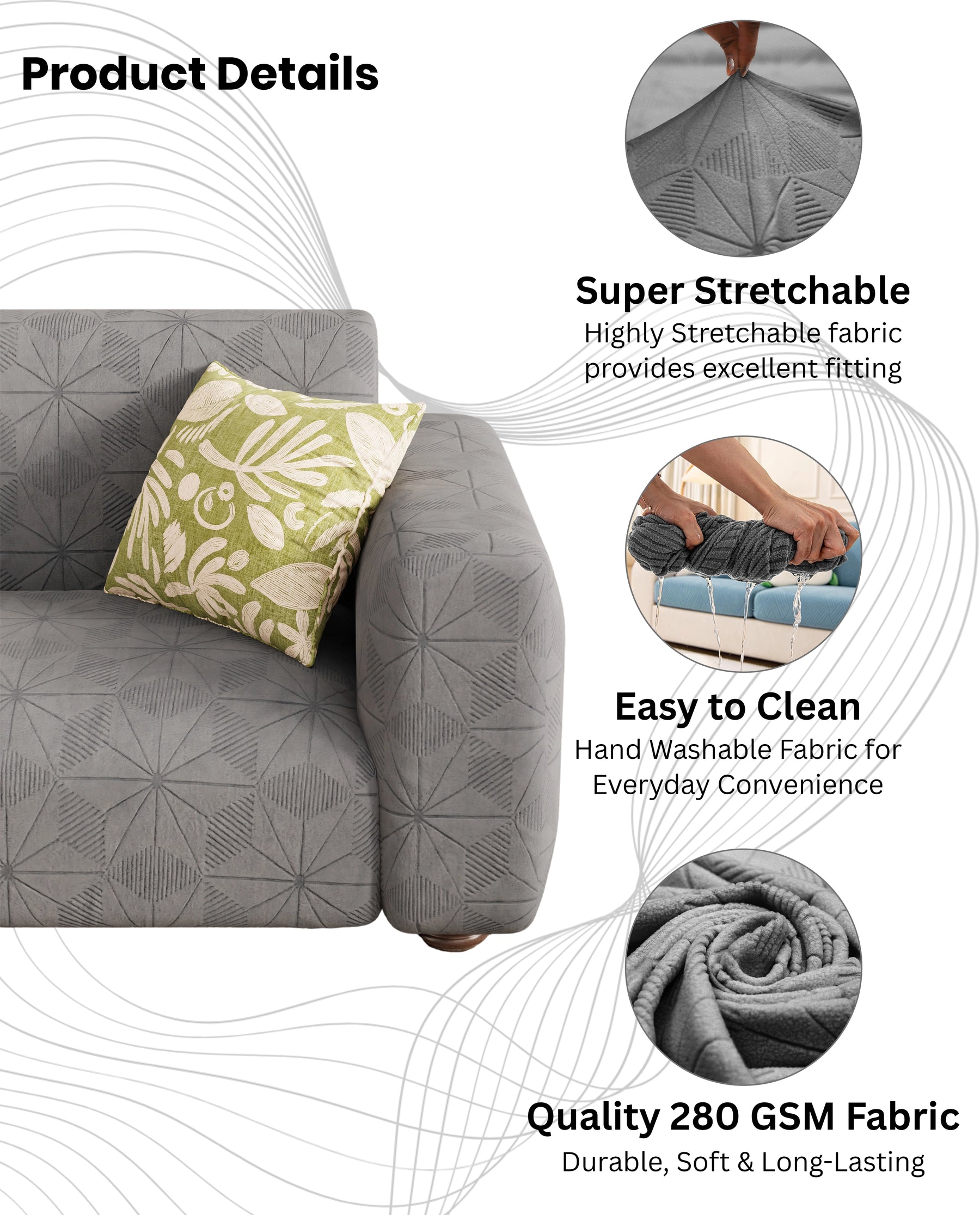Lukzer Pastel Shades Textured Sofa Cover - Dark Grey Starlight Grid (SC-140-01)