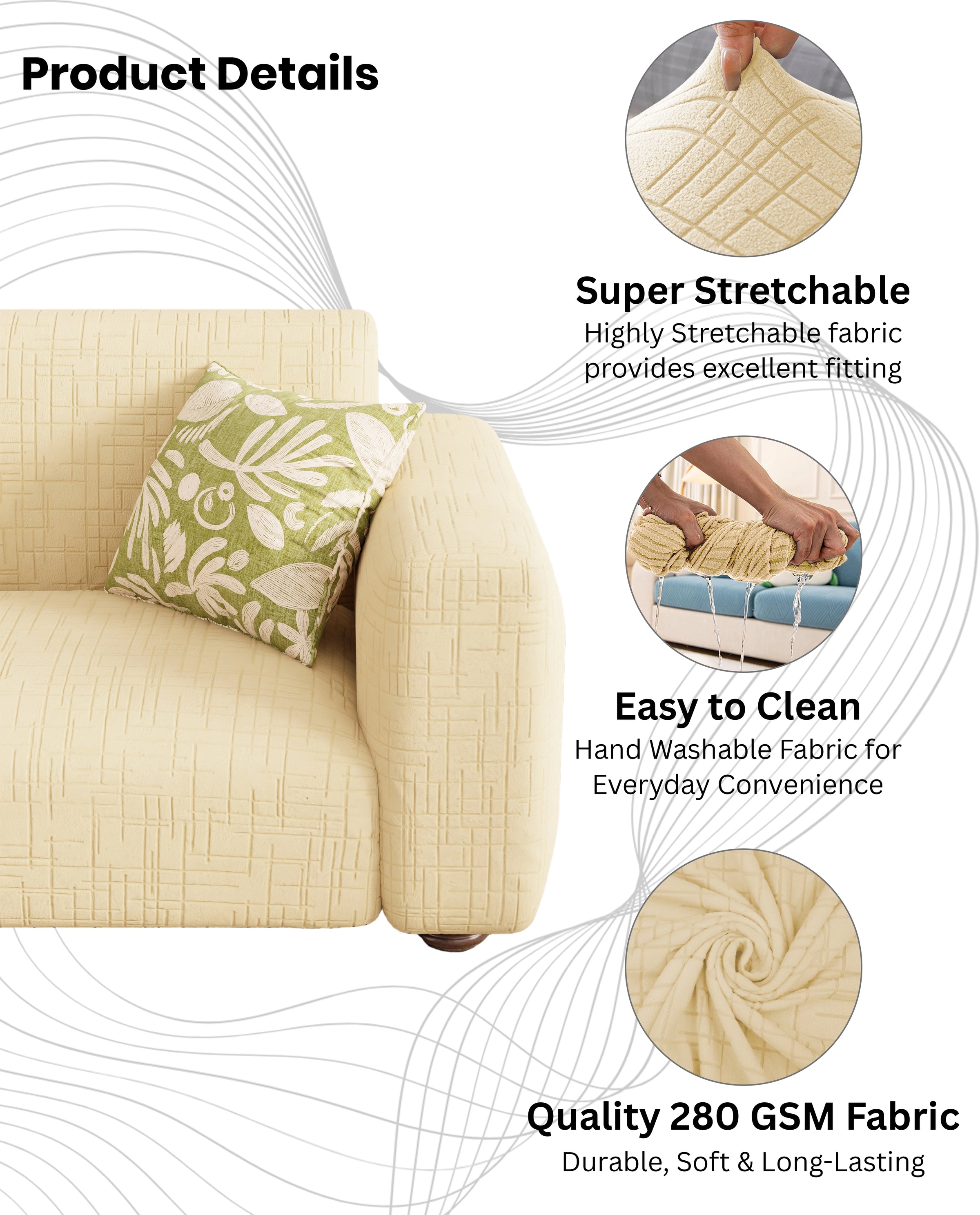 Lukzer Pastel Shades Textured Sofa Cover - Yellow Tangled Lines (SC-119-01)