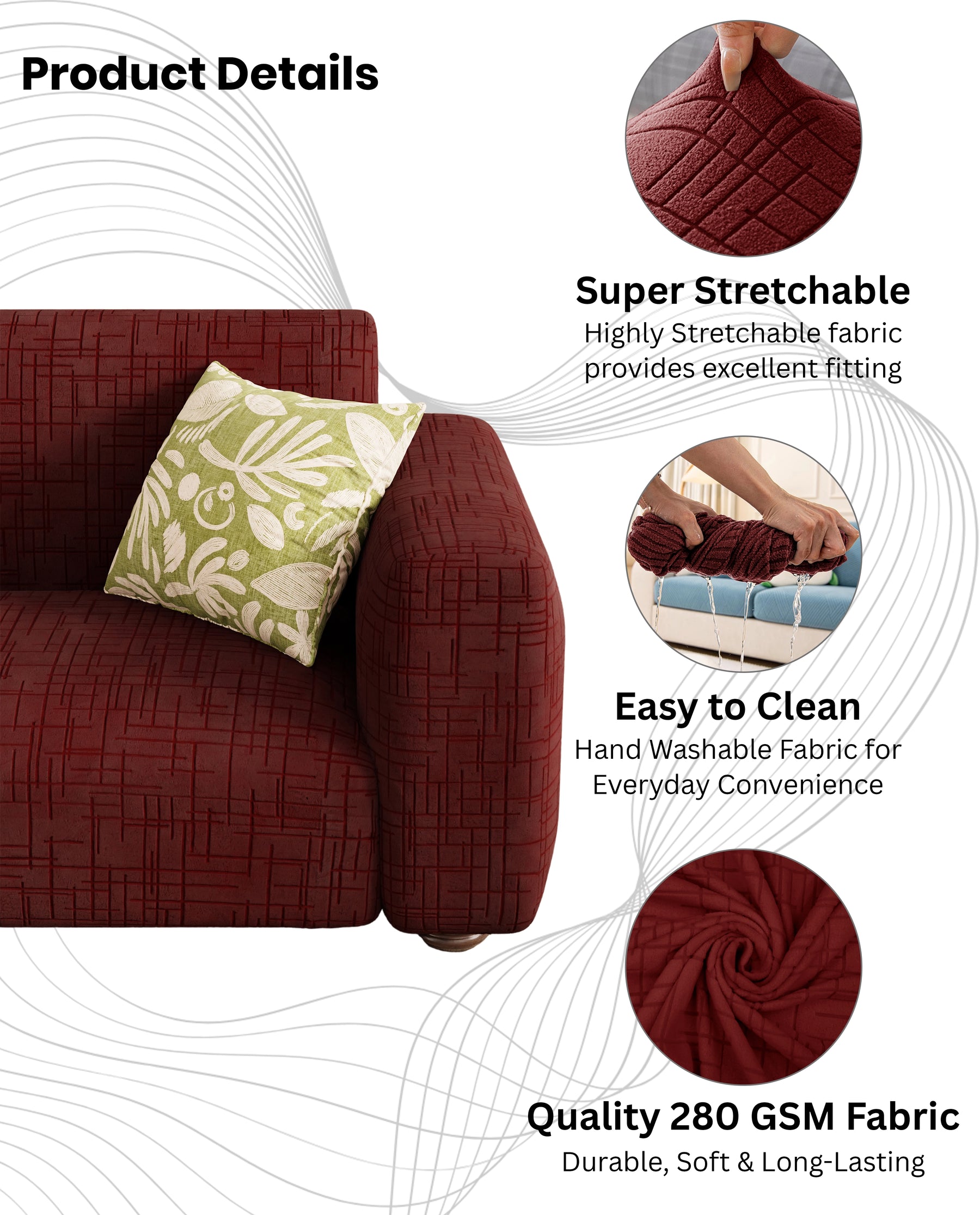 Lukzer Pastel Shades Textured Sofa Cover - Deep Maroon Tangled Lines (SC-123-01)
