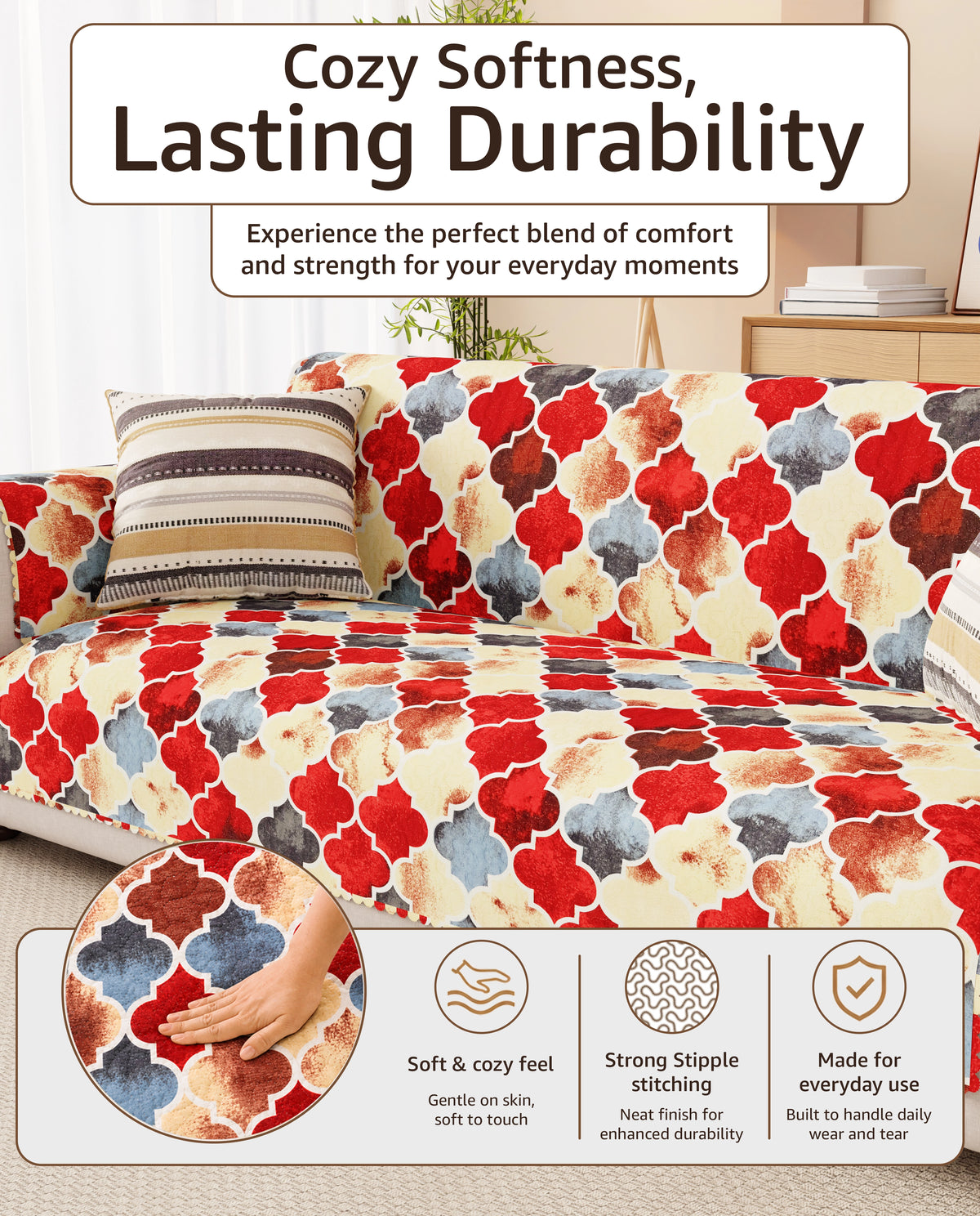 Lukzer Quilted Reversible Dessert Jewel Sofa Mat with WaveEdge Ultrasonic Cut (WITH BACK & HAND REST) - SC-202-01WB