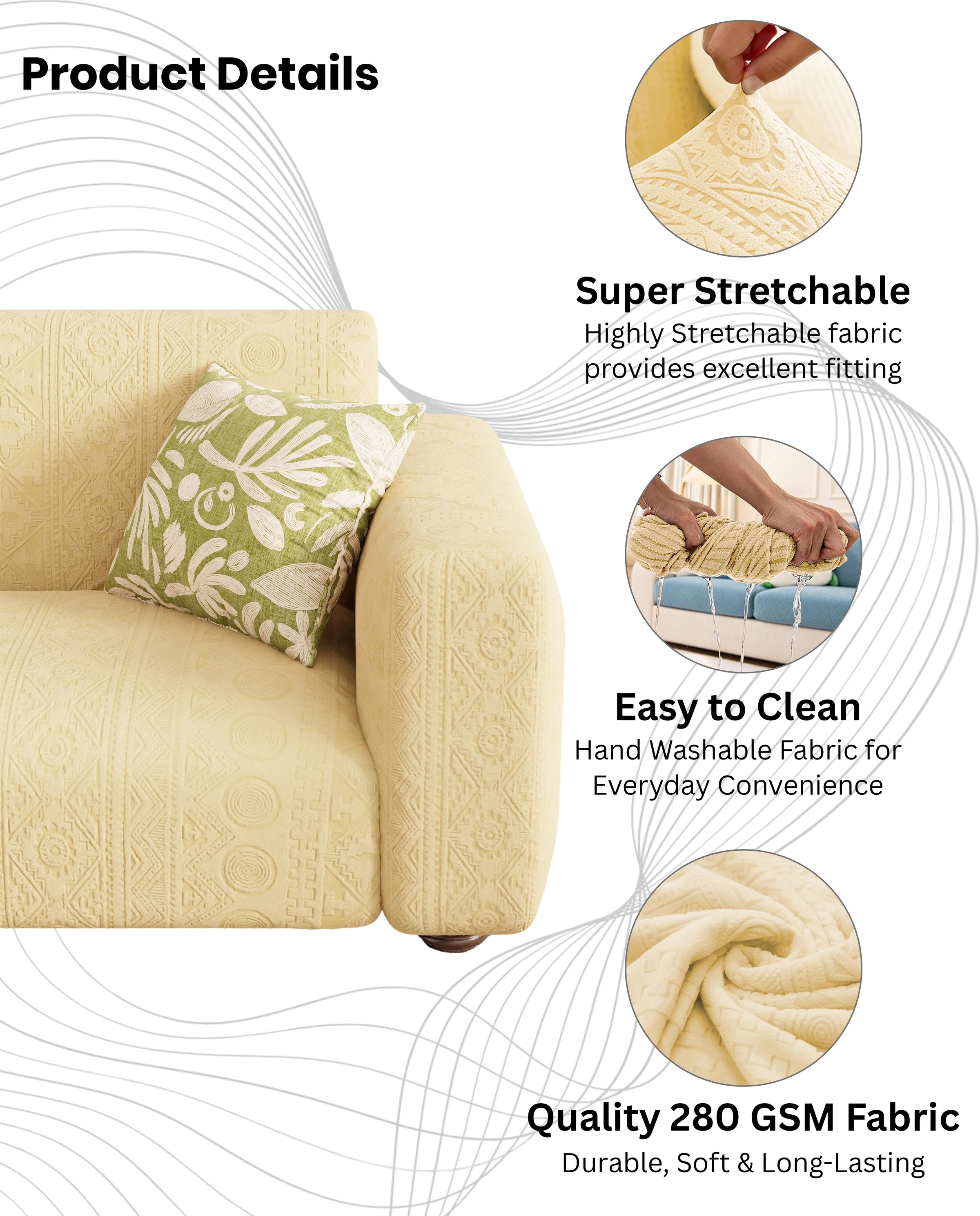 Lukzer Pastel Shades Textured Sofa Cover - Yellow Tribal Design (SC-075-01)