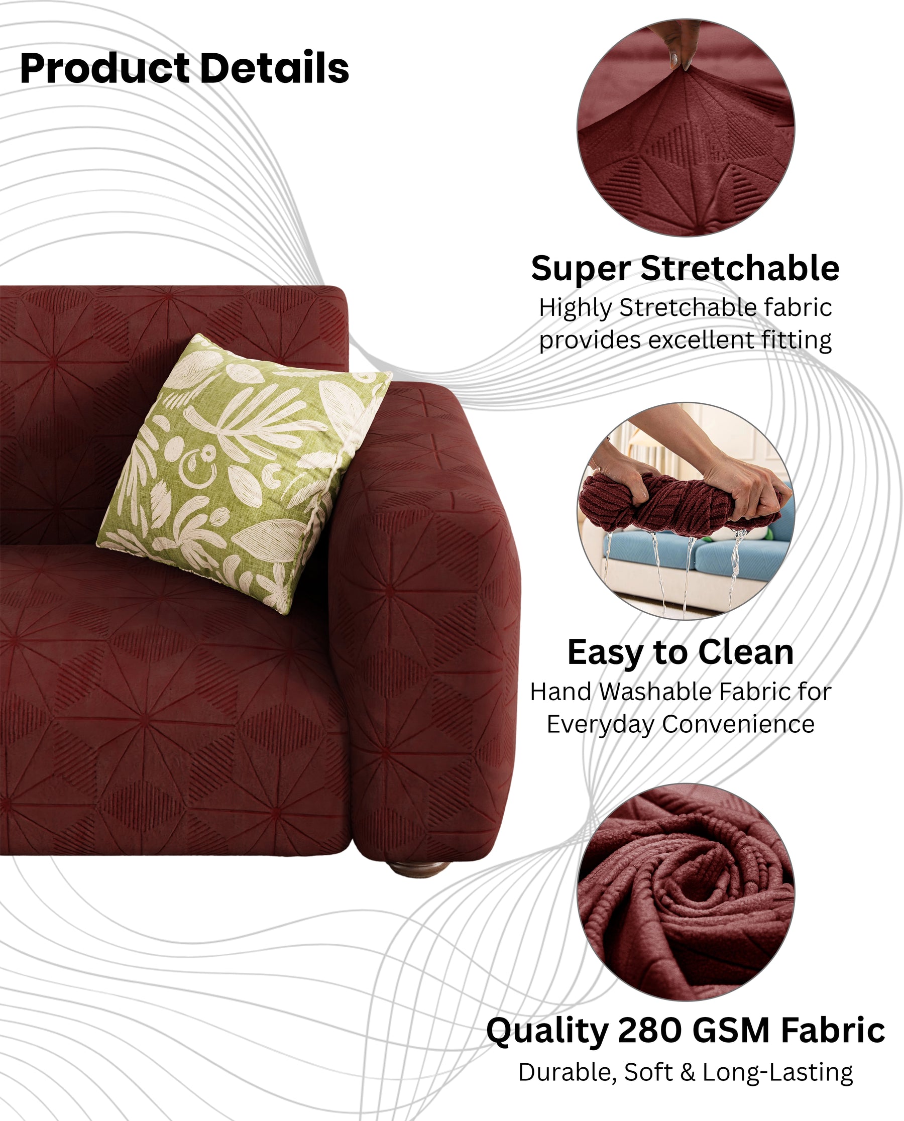 Lukzer Pastel Shades Textured Sofa Cover - Deep Maroon Starlight Grid (SC-145-01)