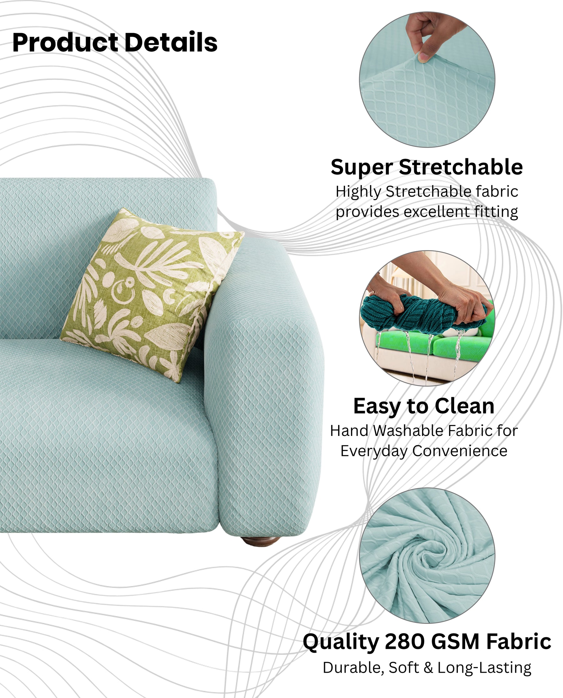 Lukzer Pastel Shades Textured Sofa Cover - Blue Curved Diamond (SC-086-01)