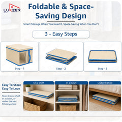 Lukzer 20 Liters Foldable Non-Woven Storage Box/Wardrobe Organizer with Lid - 3PC/Beige & Blue