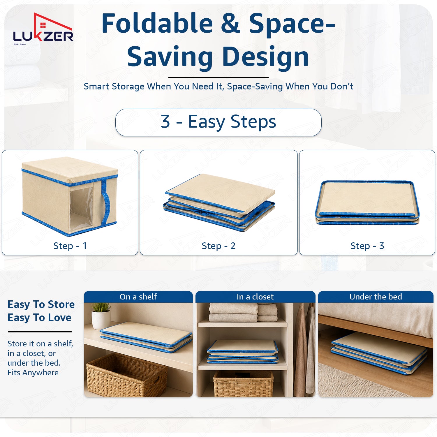 Lukzer 20 Liters Foldable Non-Woven Storage Box/Wardrobe Organizer with Lid - 3PC/Beige & Blue